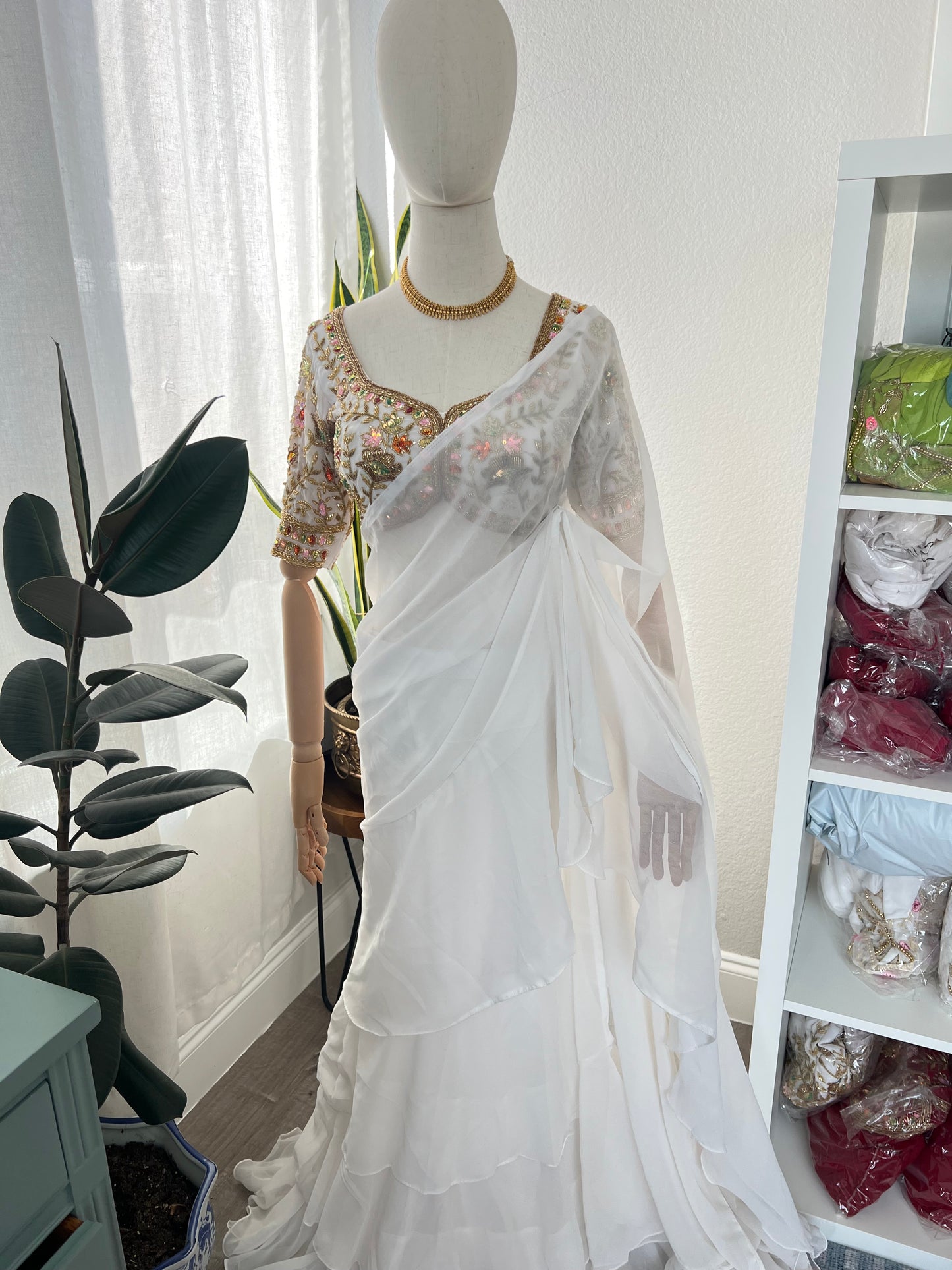 White Boutique work ruffle skirt saree and blouse set