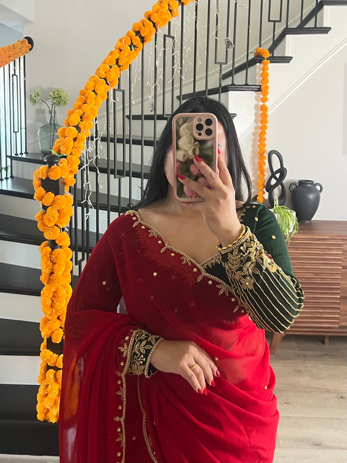 Boutique work red saree with green blouse