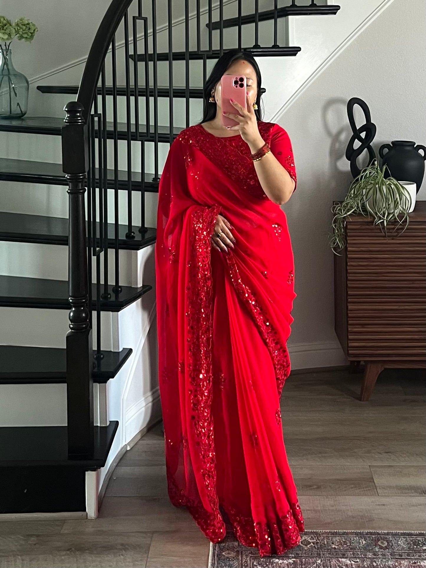 Designer Red Saree and Blouse with heavy water sequin work