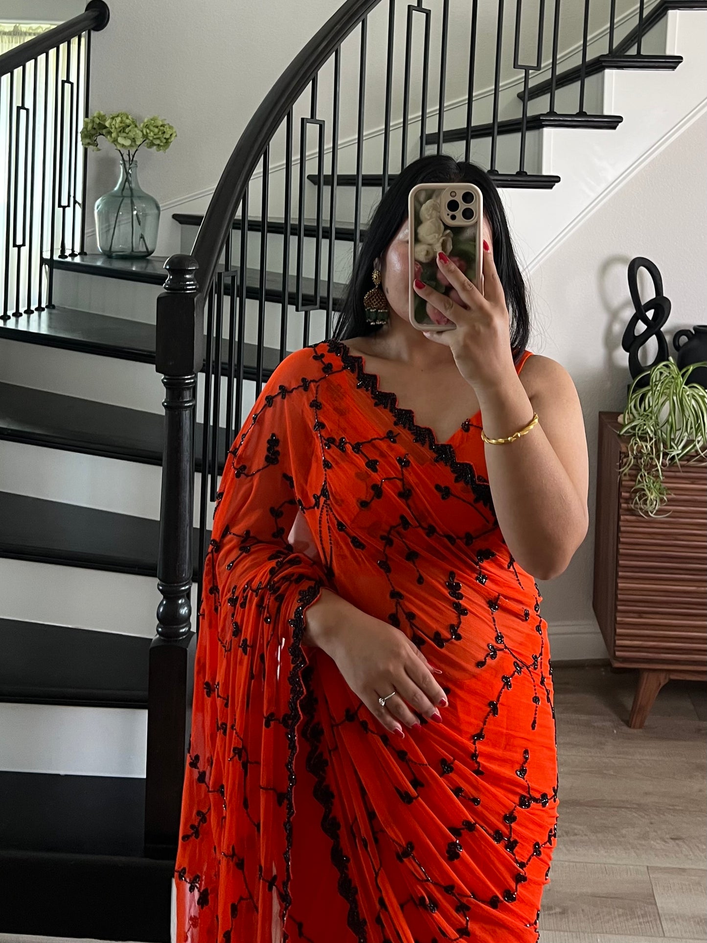 Chiffon sari with black potey handwork