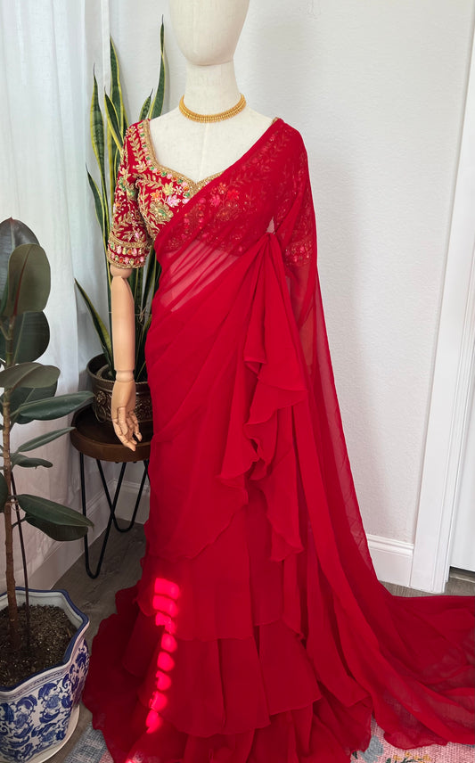 Boutique work ruffle skirt saree and blouse set