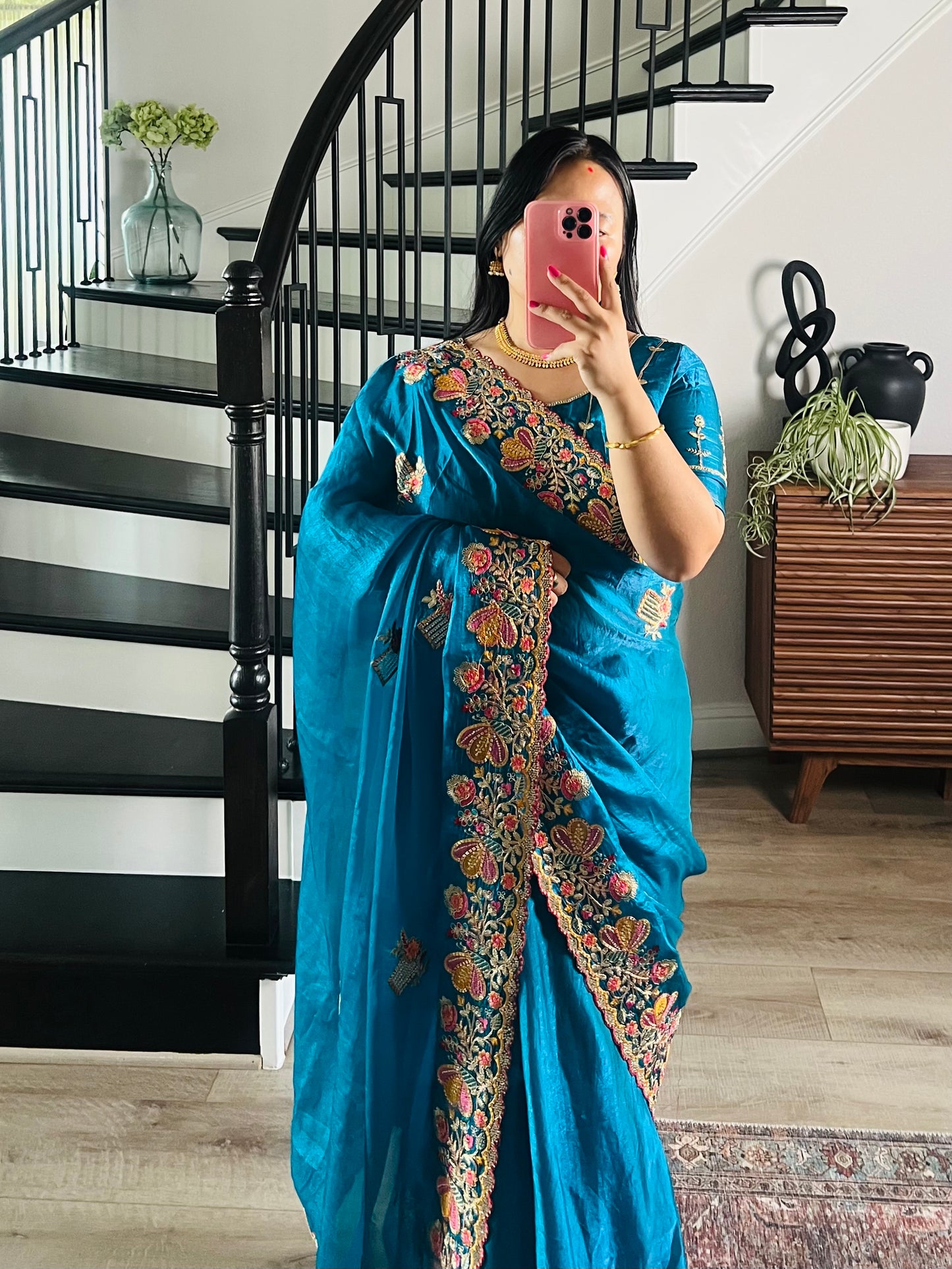 Teal Silk Saree and Blouse with threadwork flowers