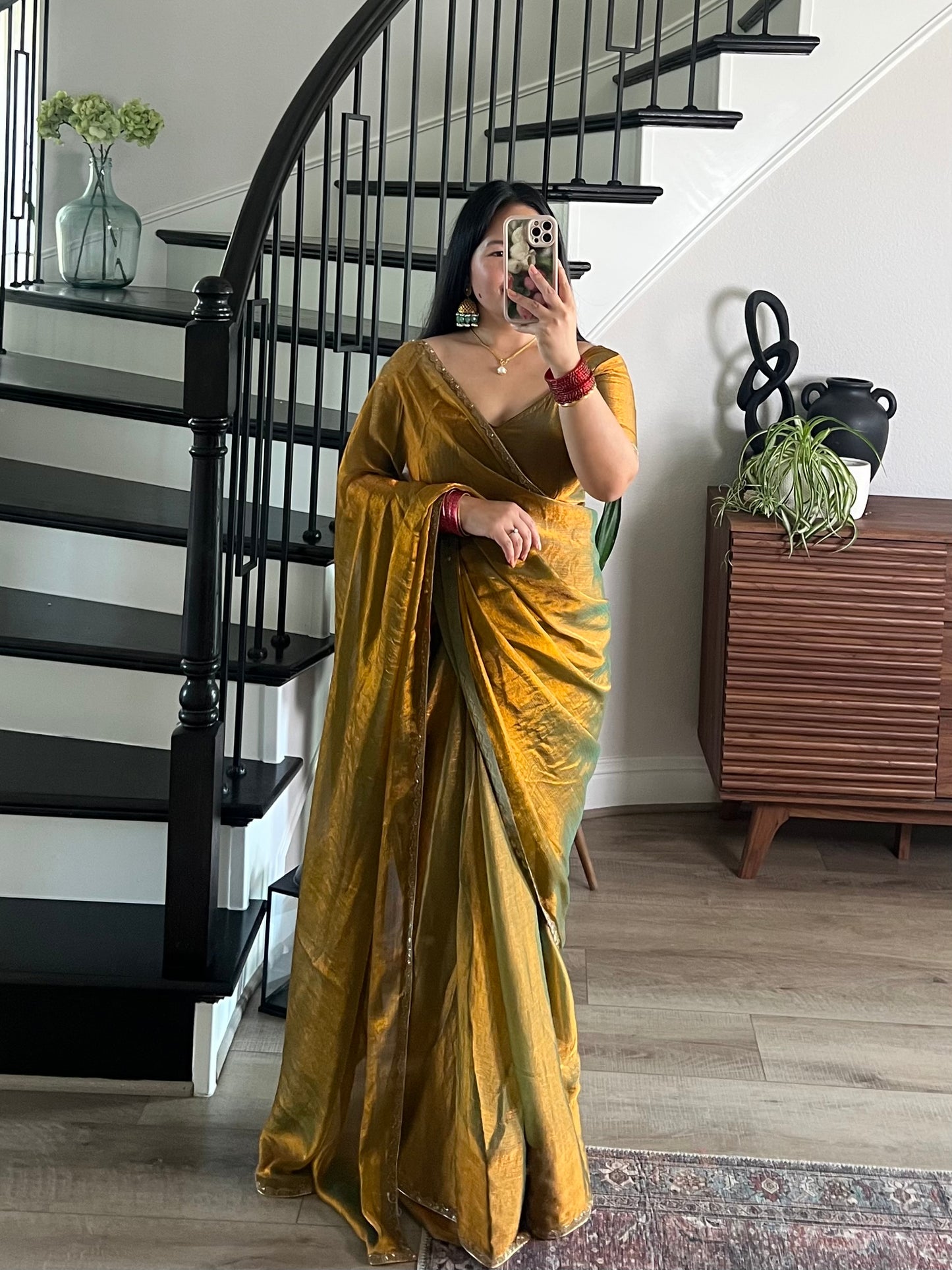 Fendy silk saree in green/golden