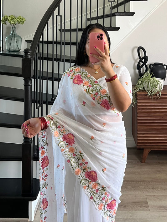 White Georgette Saree with Pink Floral Embroidery