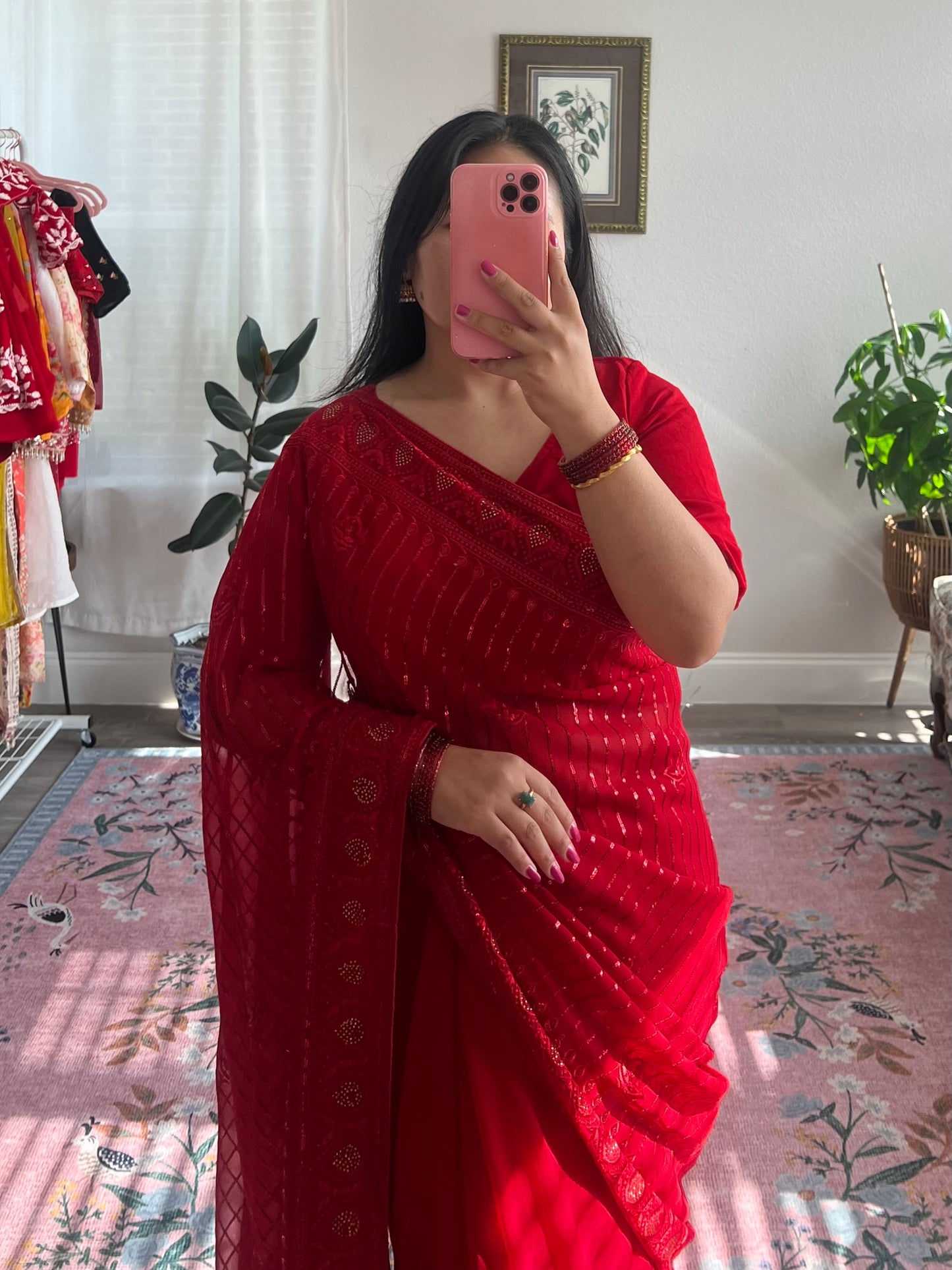 Designer Red Saree and Blouse with threadwork and stone