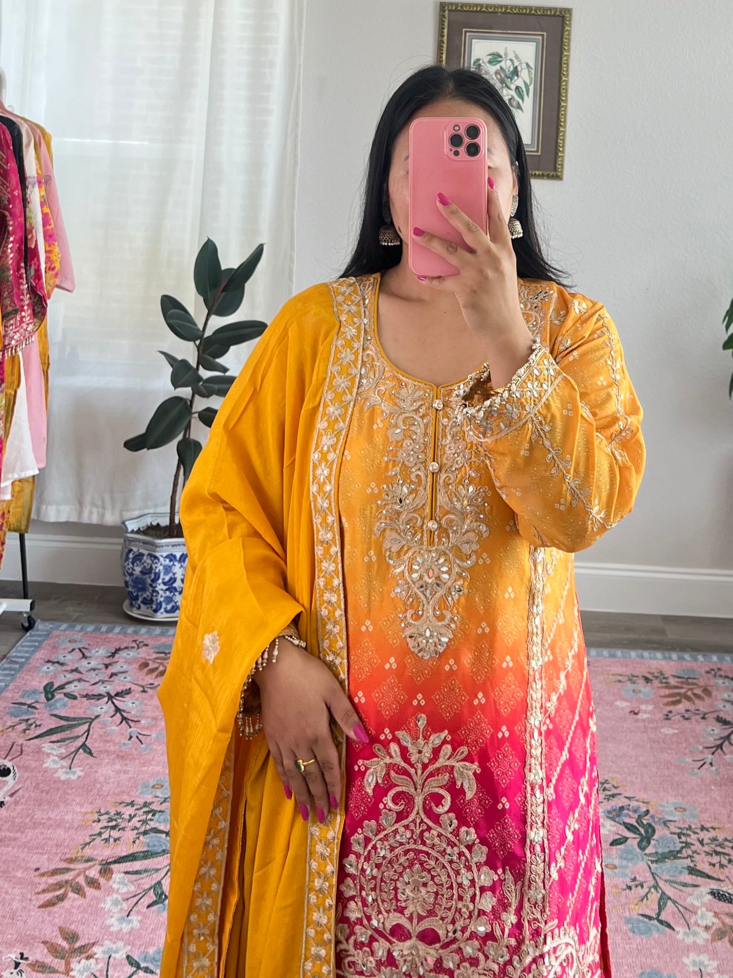 Heavy Chinon Kurtha set with embroidery work