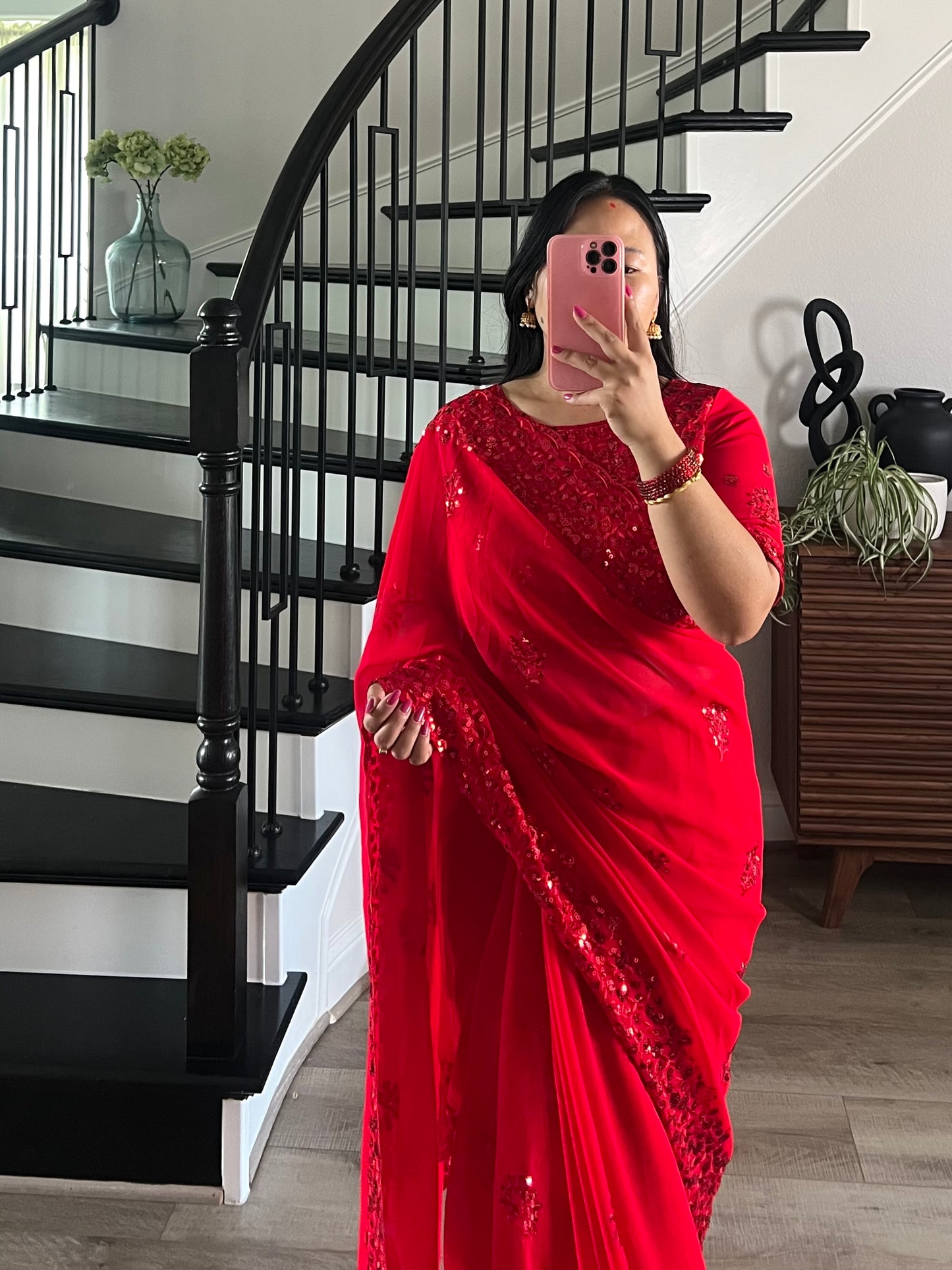 Designer Red Saree and Blouse with heavy water sequin work