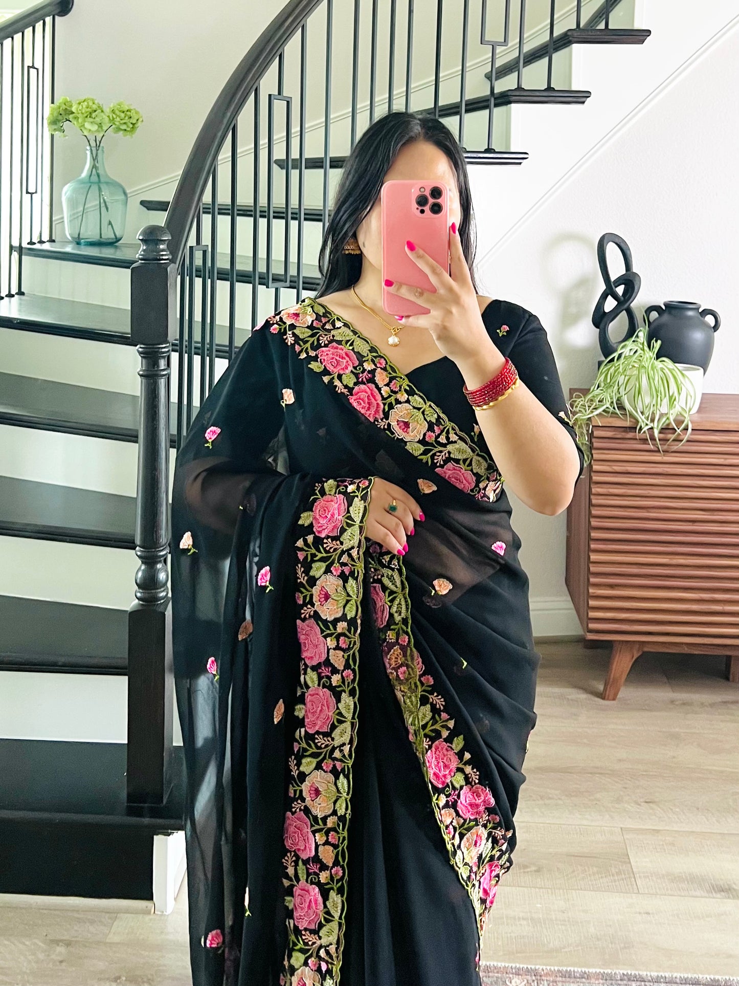 Midnight Bloom: Black Georgette Saree with Pink Floral Embroidery