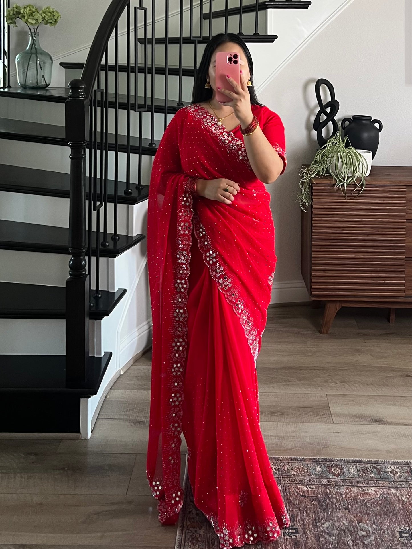 Heavy Swiroski work Red Saree and Blouse