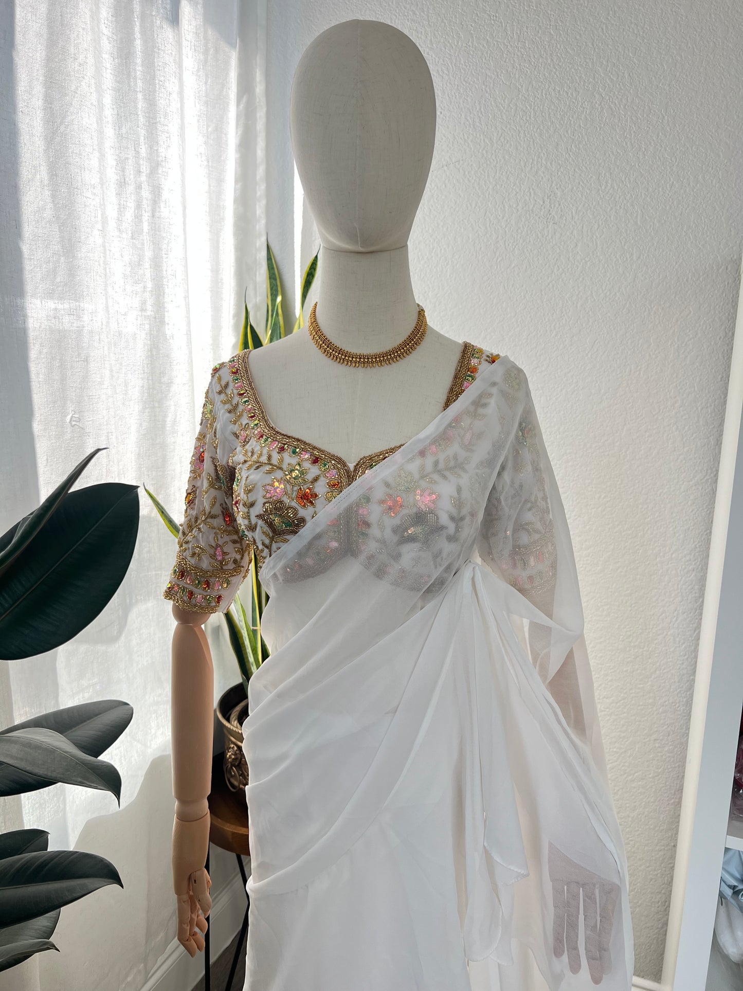 White Boutique work ruffle skirt saree and blouse set