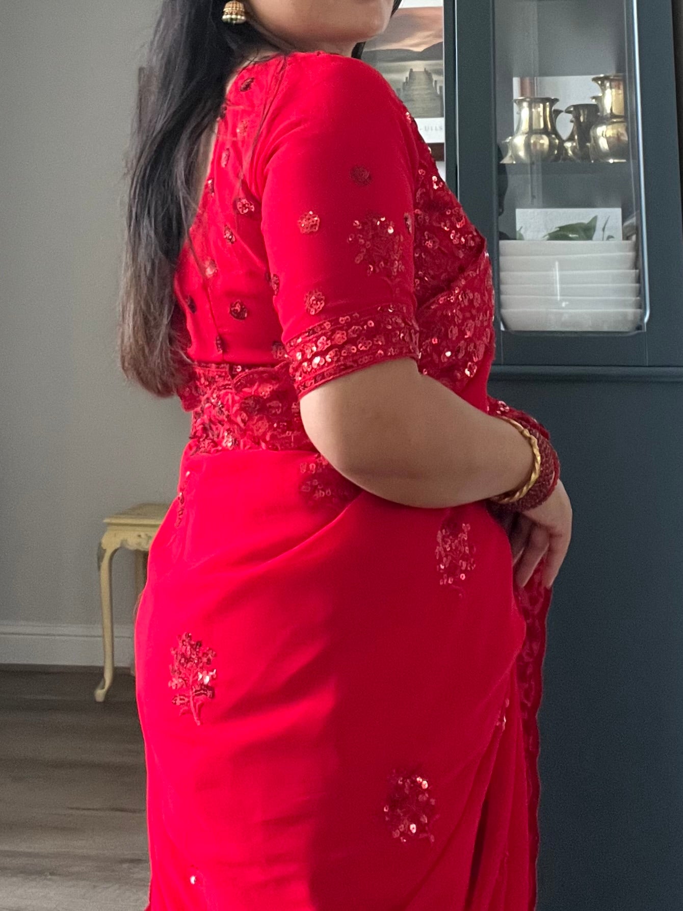 Designer Red Saree and Blouse with heavy water sequin work