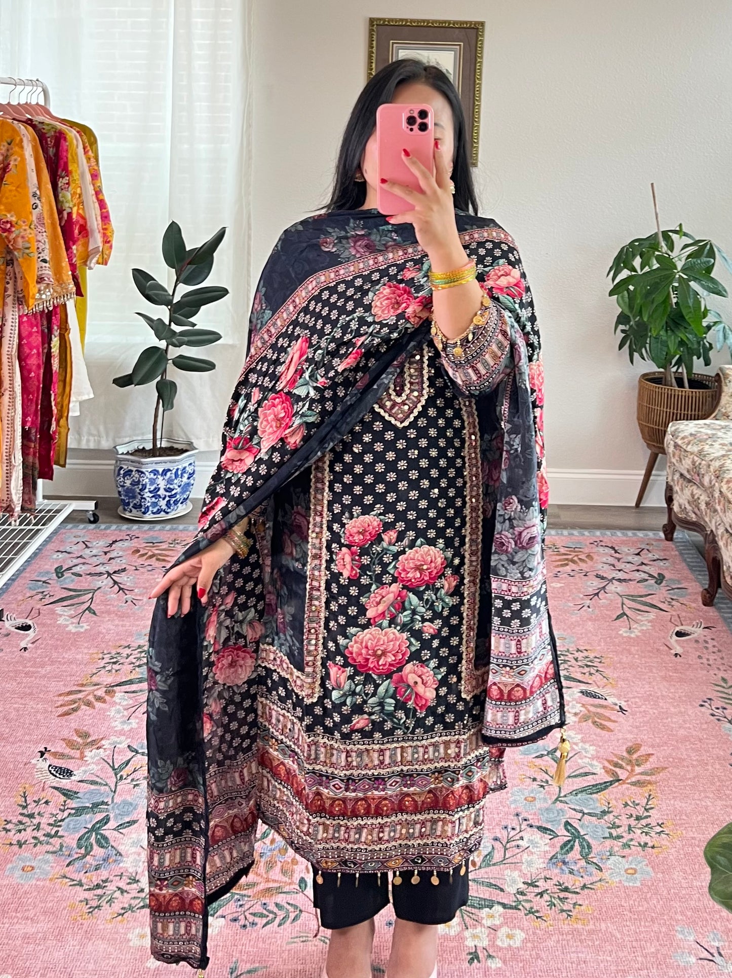 Exquisite floral print three-piece kurtha
