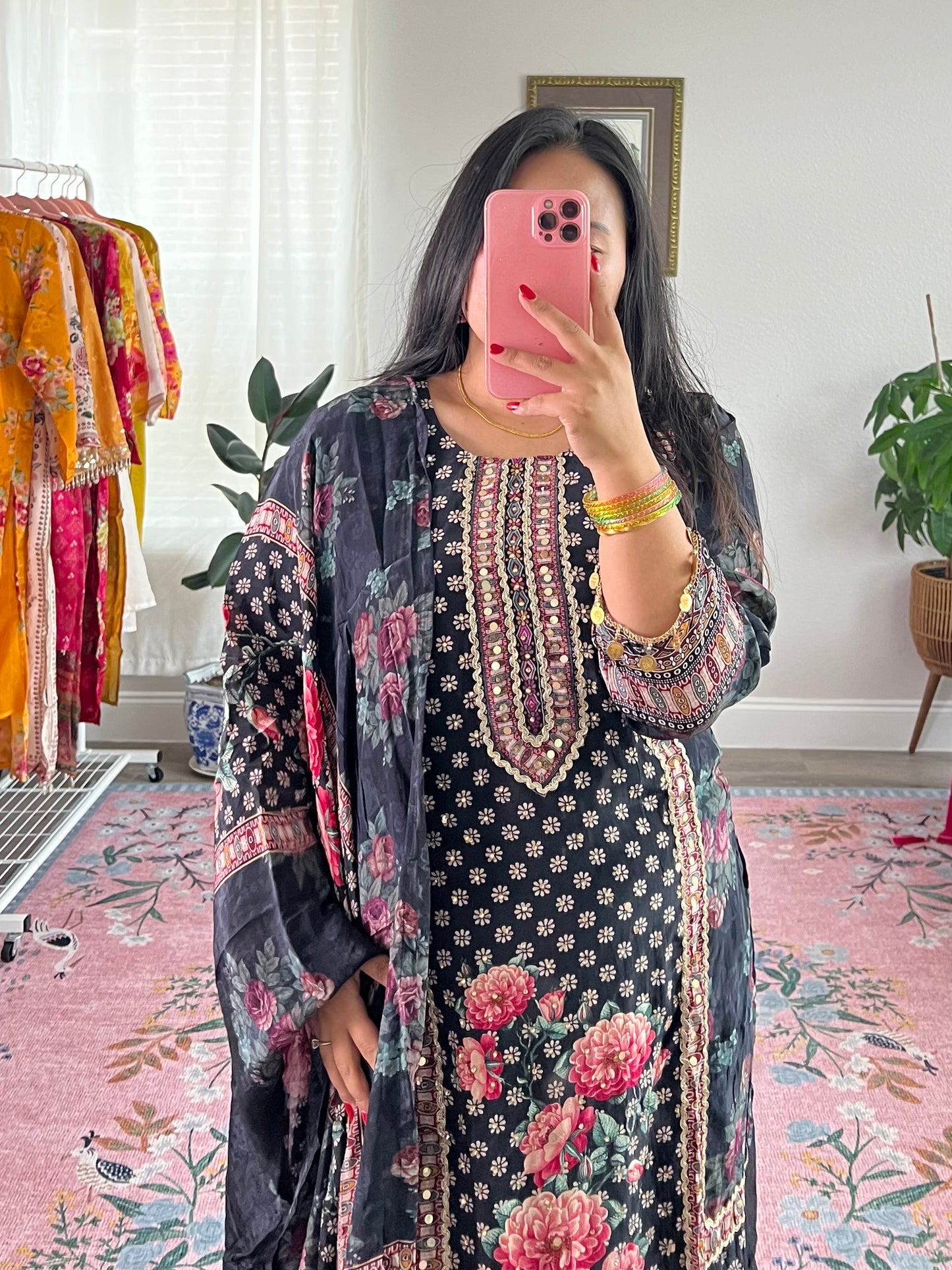 Exquisite floral print three-piece kurtha