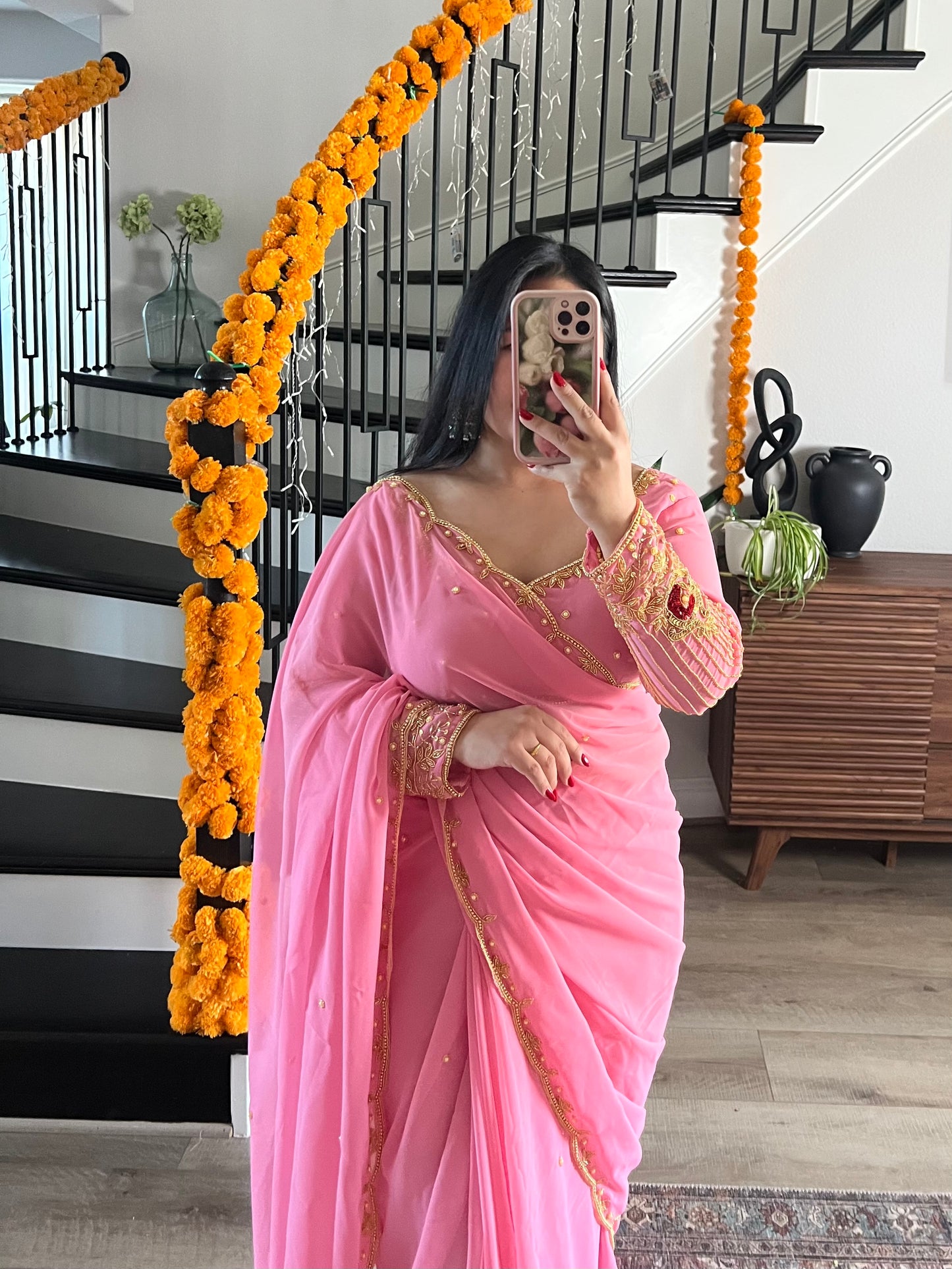 Boutique work pink saree and blouse