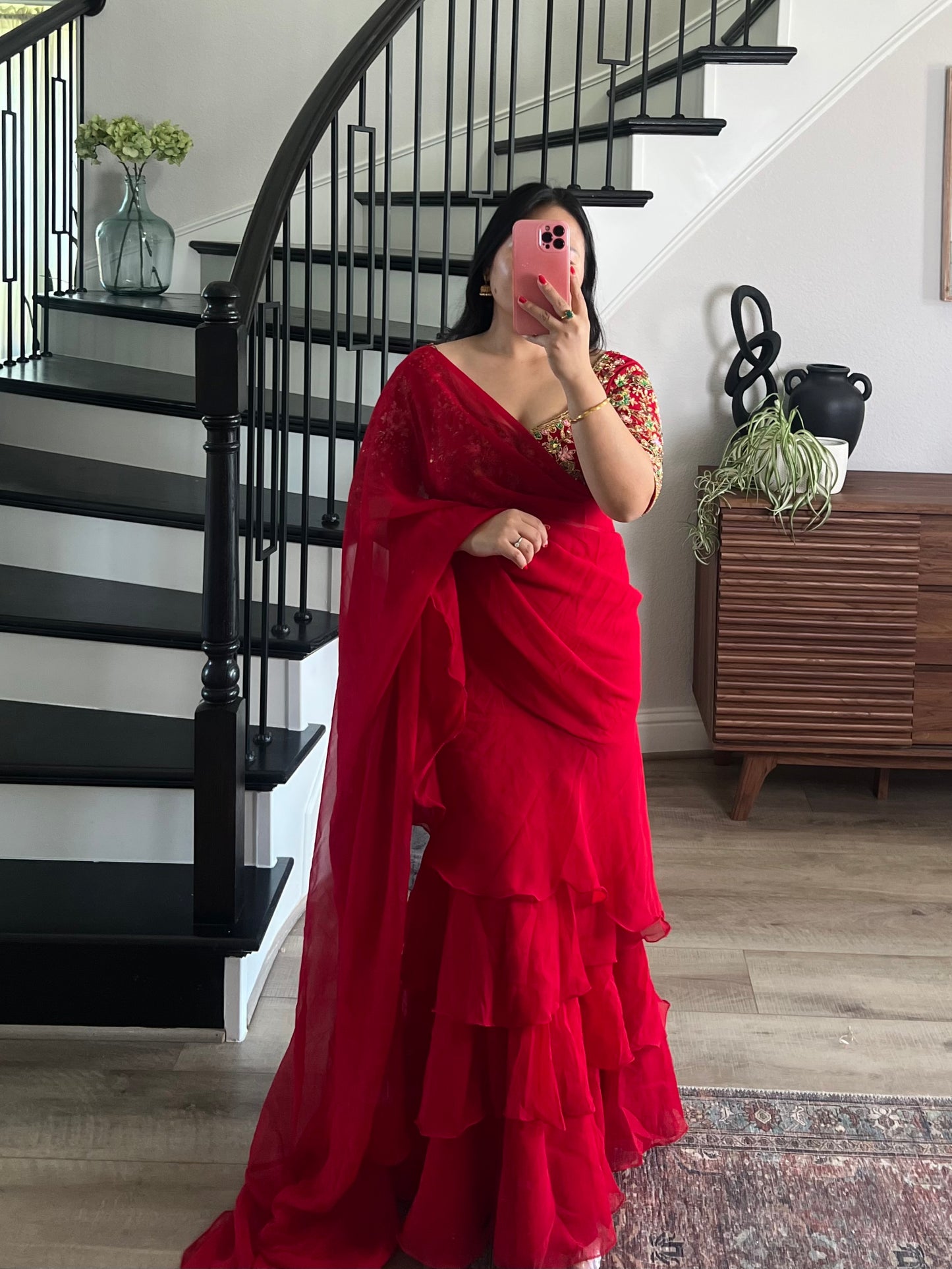 Boutique work ruffle skirt saree and blouse set