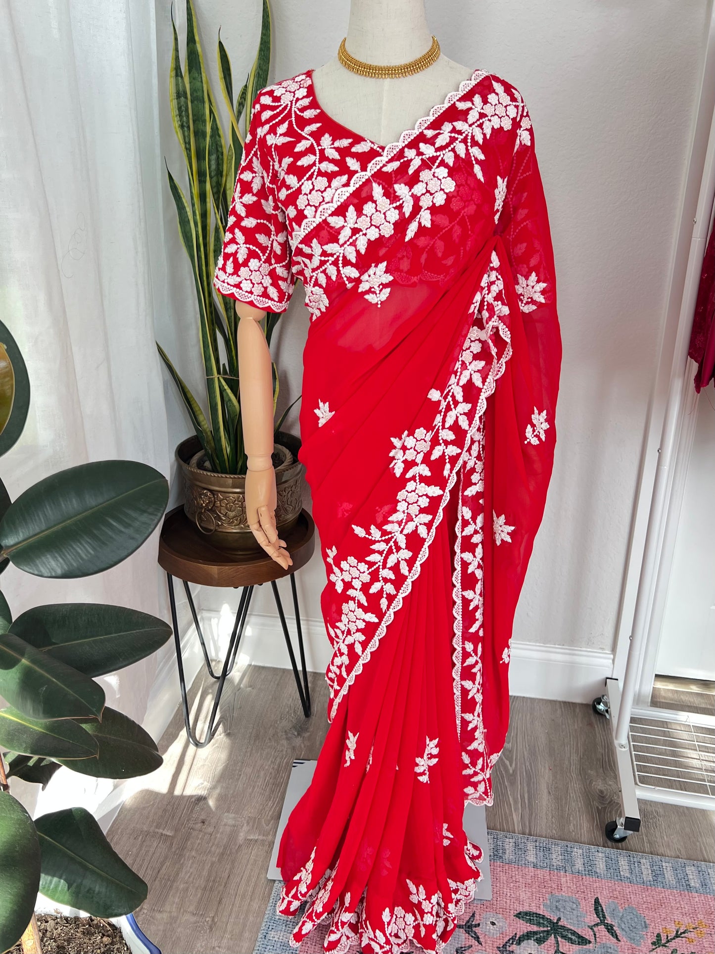 Designer Georgette Saree and Blouse with Intricate White Embroidery