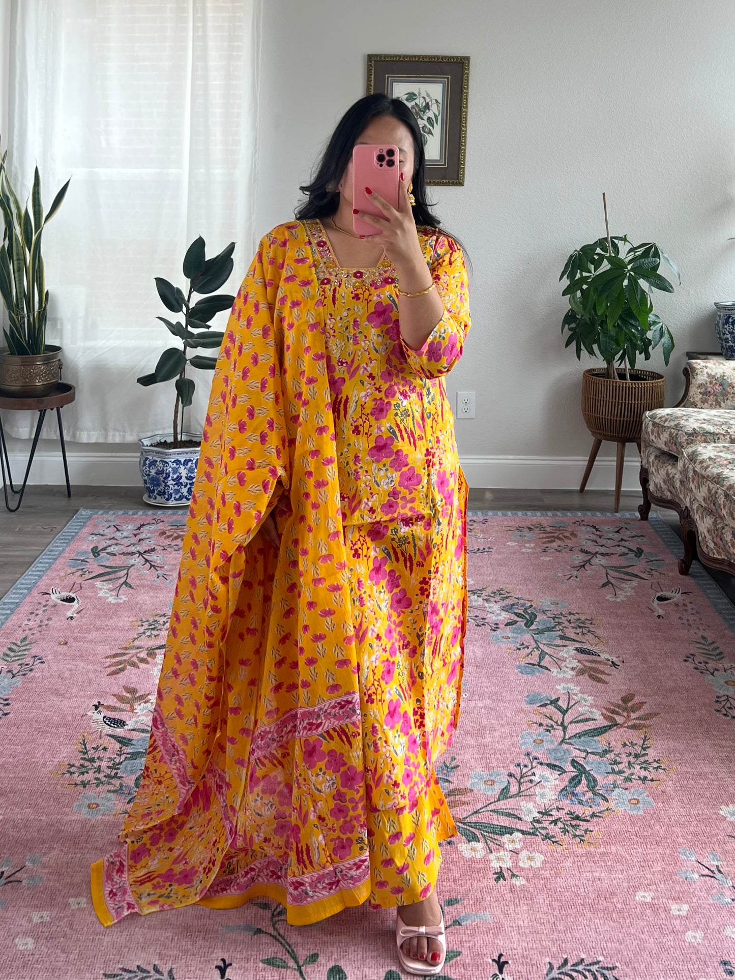 Vibrant yellow floral kurtha set