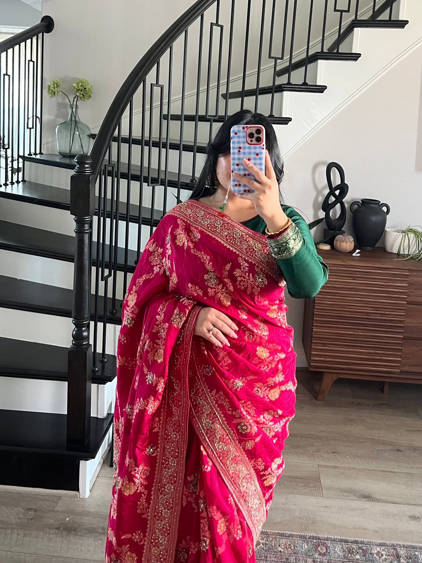 Rani pink saree with green blouse