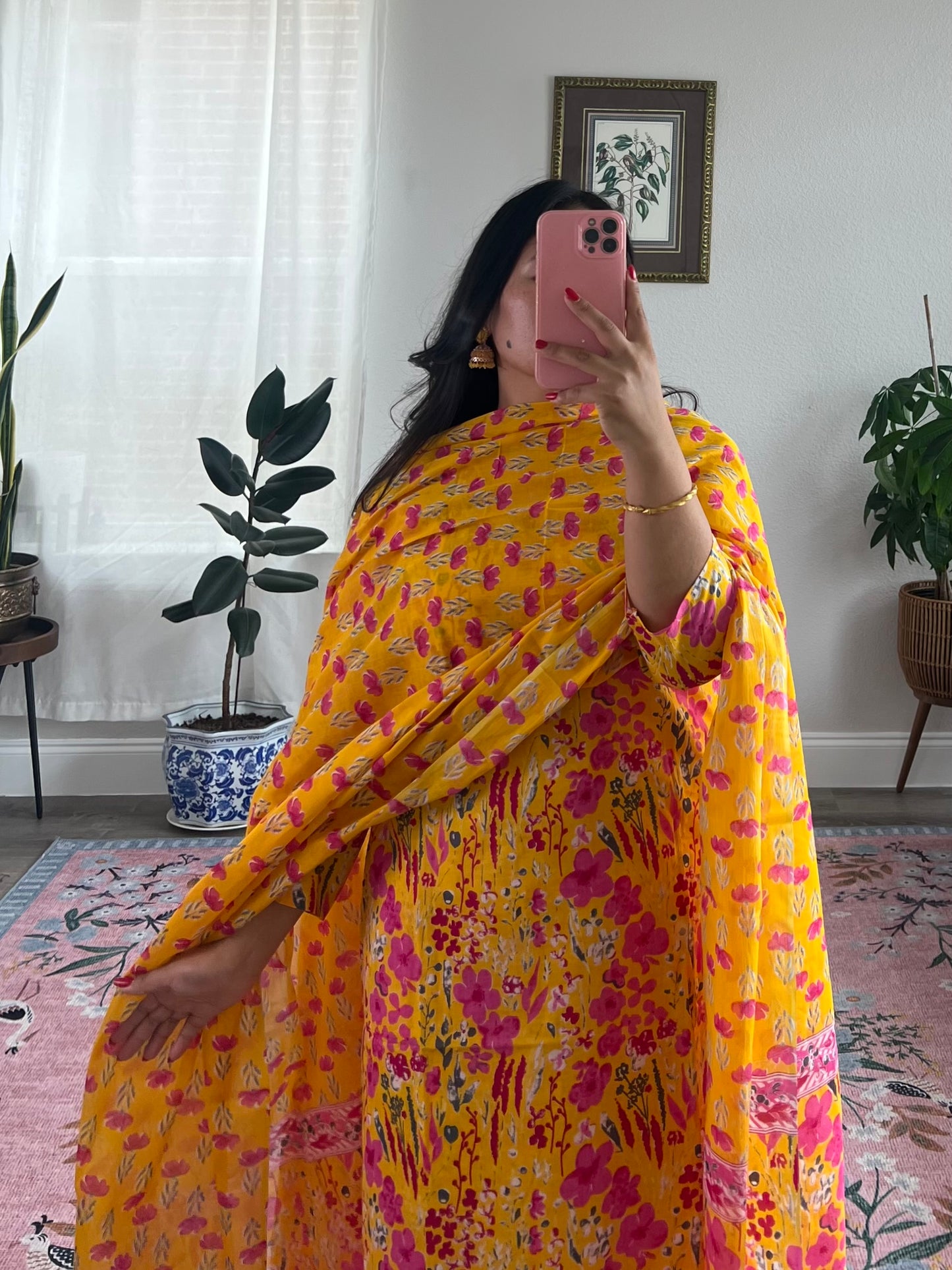 Vibrant yellow floral kurtha set