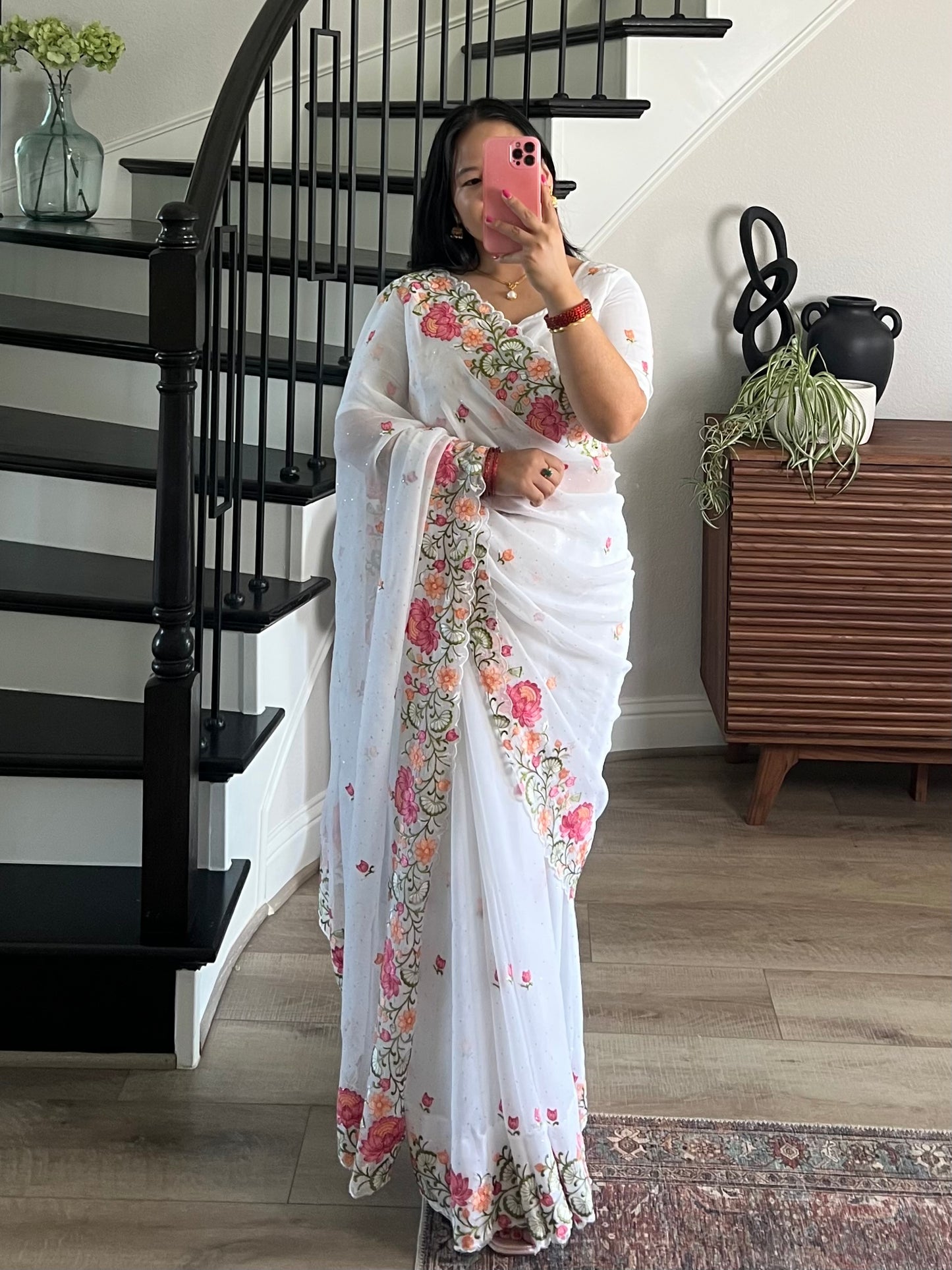 White Georgette Saree with Pink Floral Embroidery