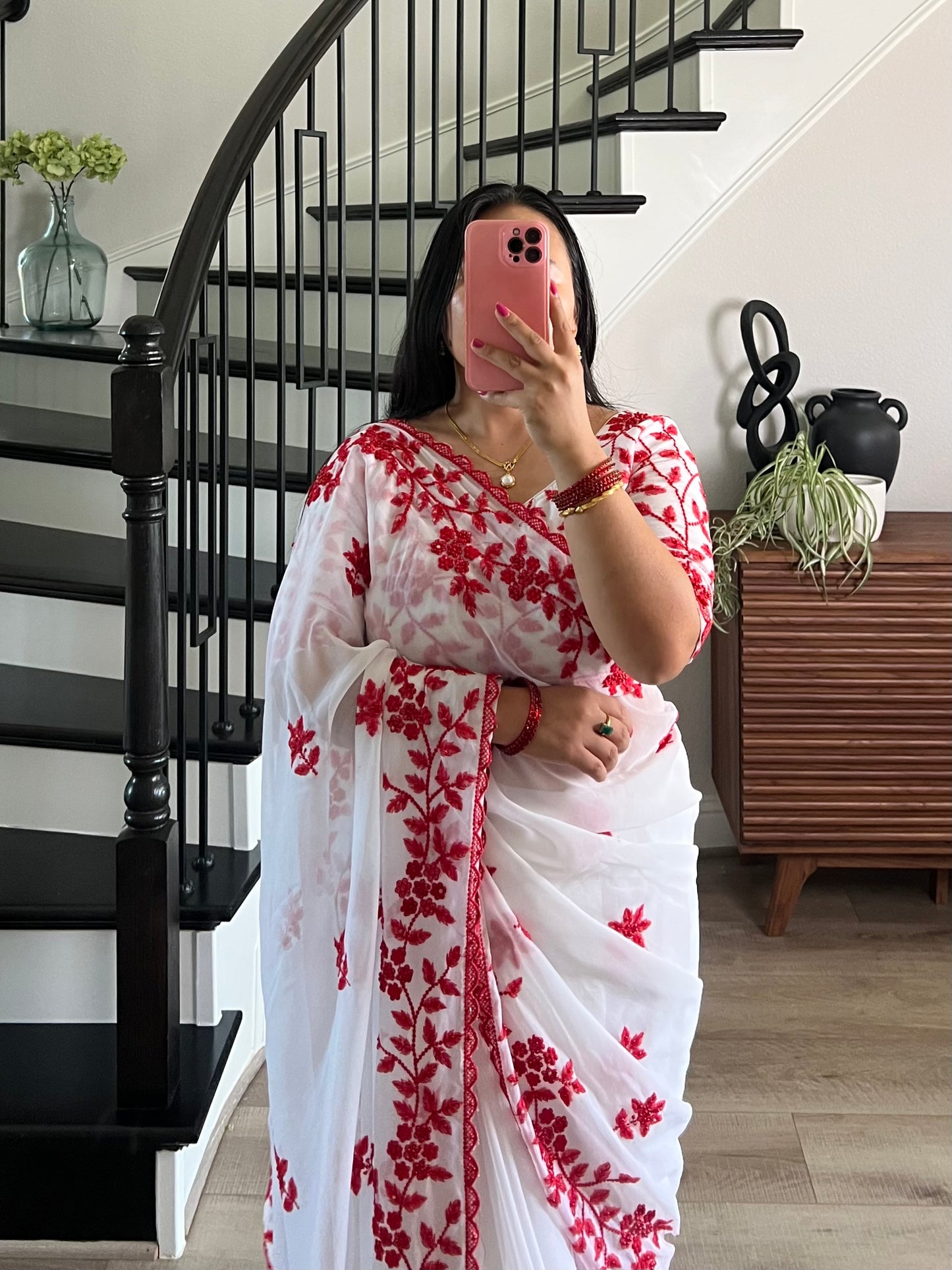 White and red Georgette Saree and Blouse with Intricate White Embroidery