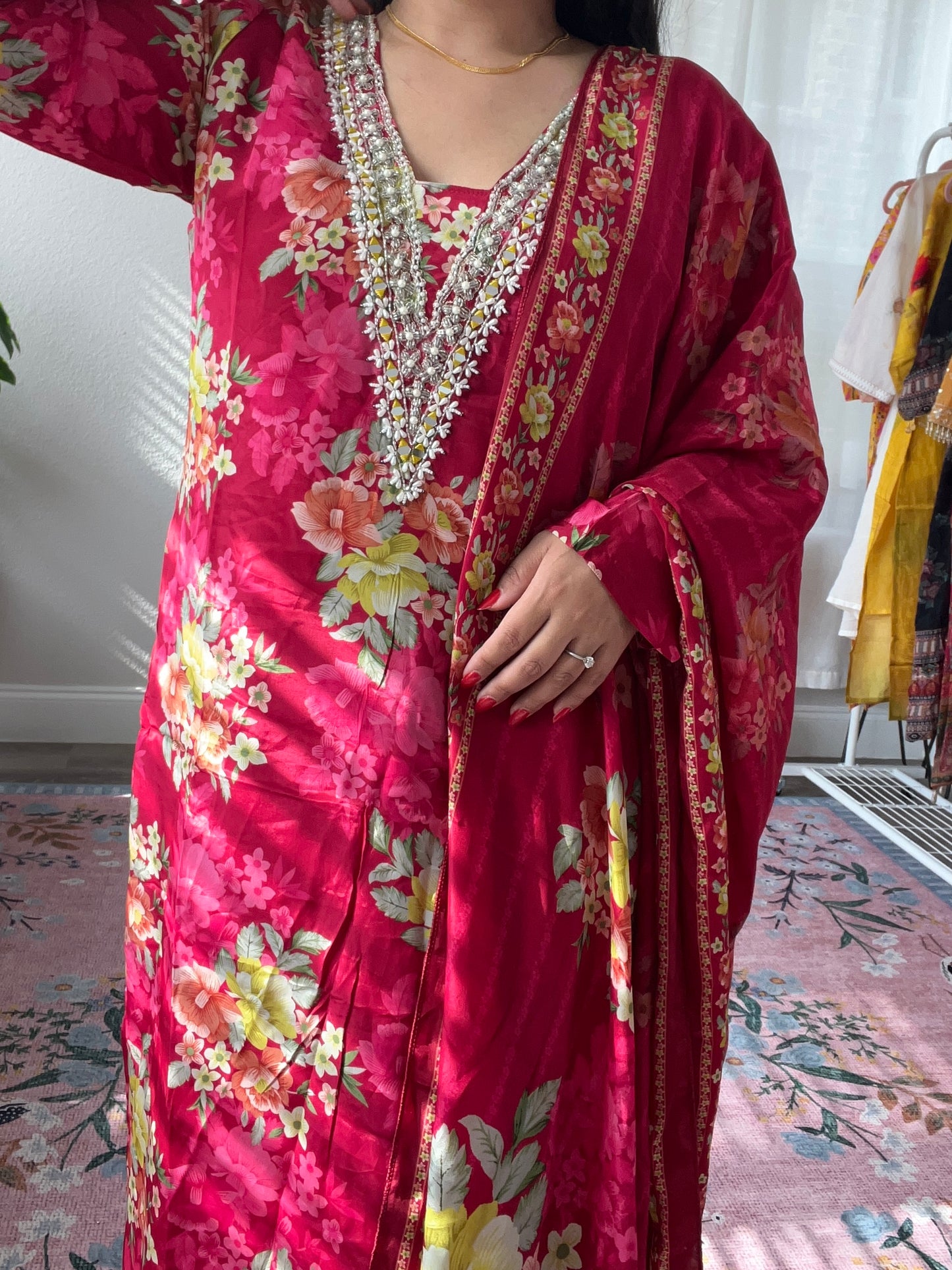 Floral Silk Kurtha Set with Embellished Neckline