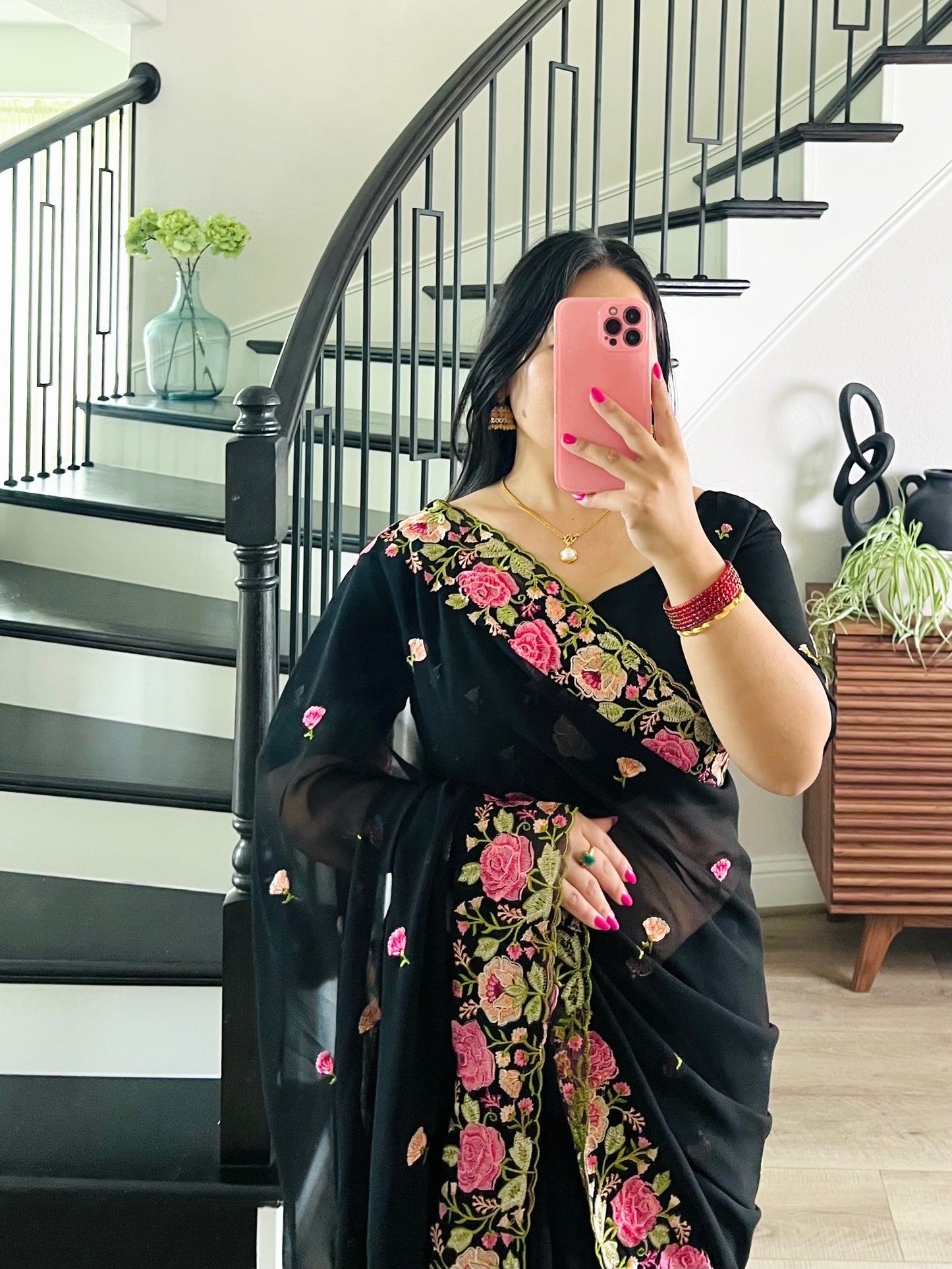 Midnight Bloom: Black Georgette Saree with Pink Floral Embroidery