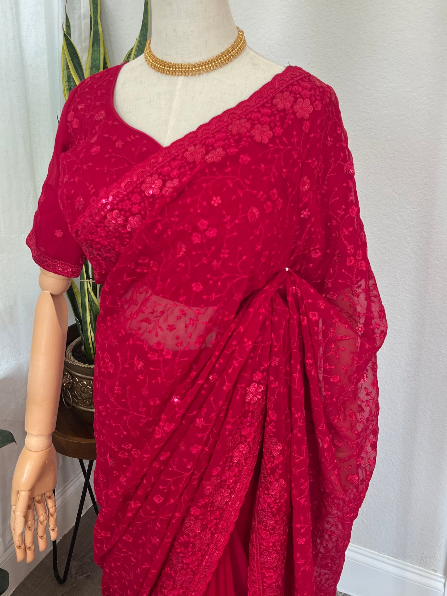 Rani pink Saree and Blouse with threadwork