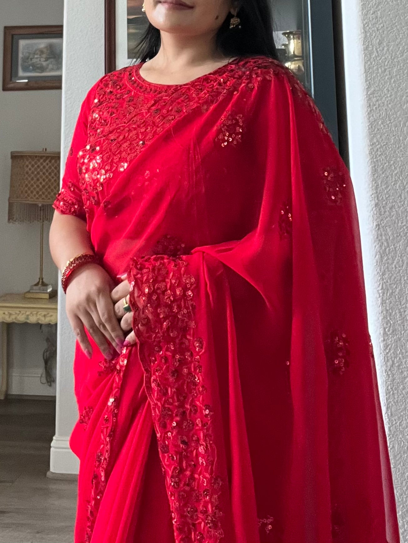Designer Red Saree and Blouse with heavy water sequin work