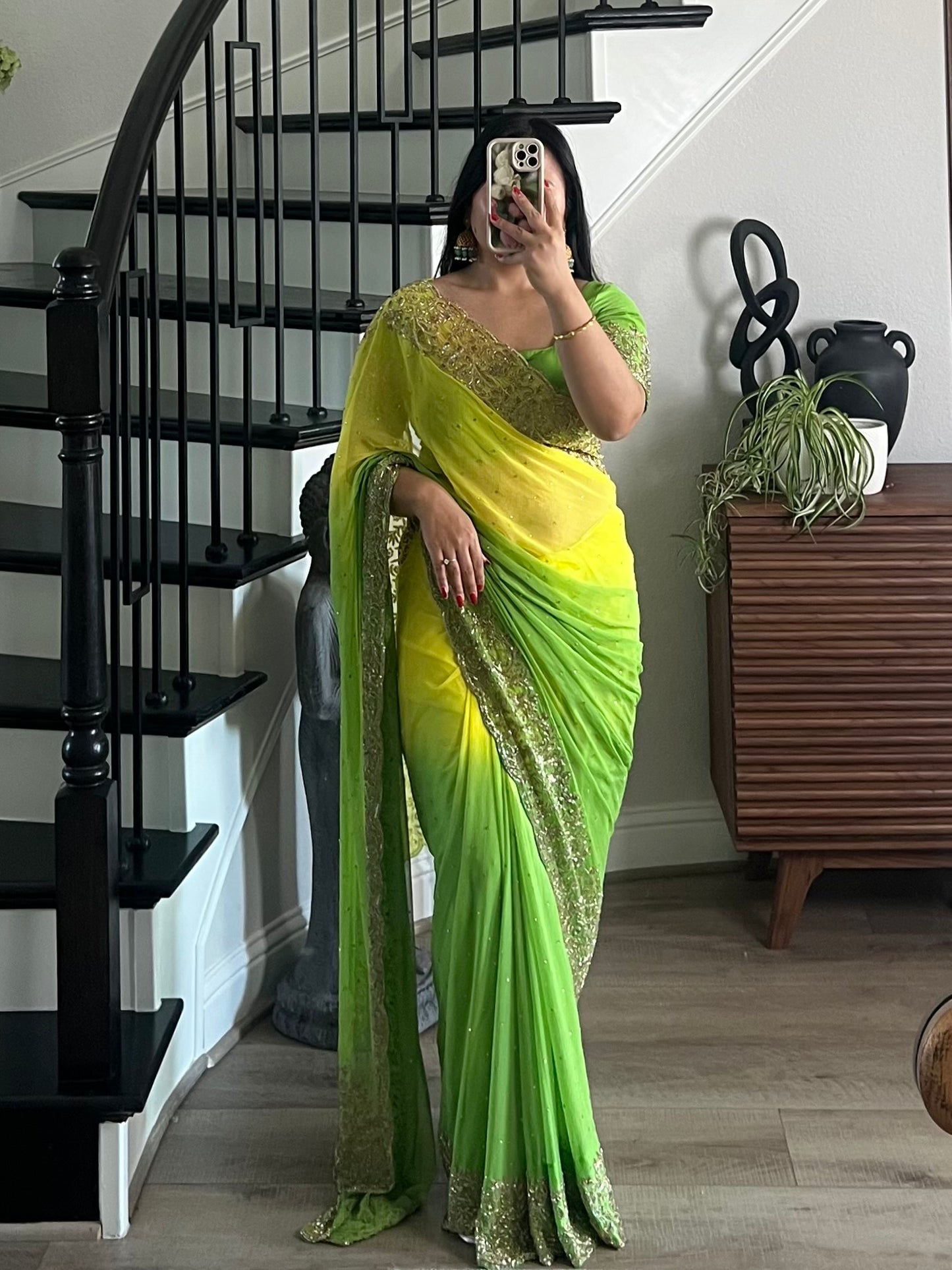 Yellow green handwork saree