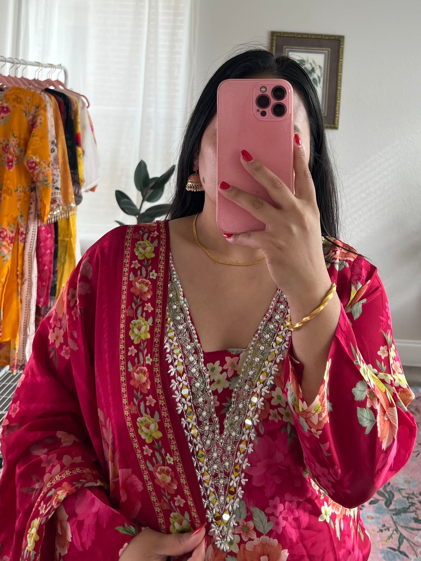 Floral Silk Kurtha Set with Embellished Neckline