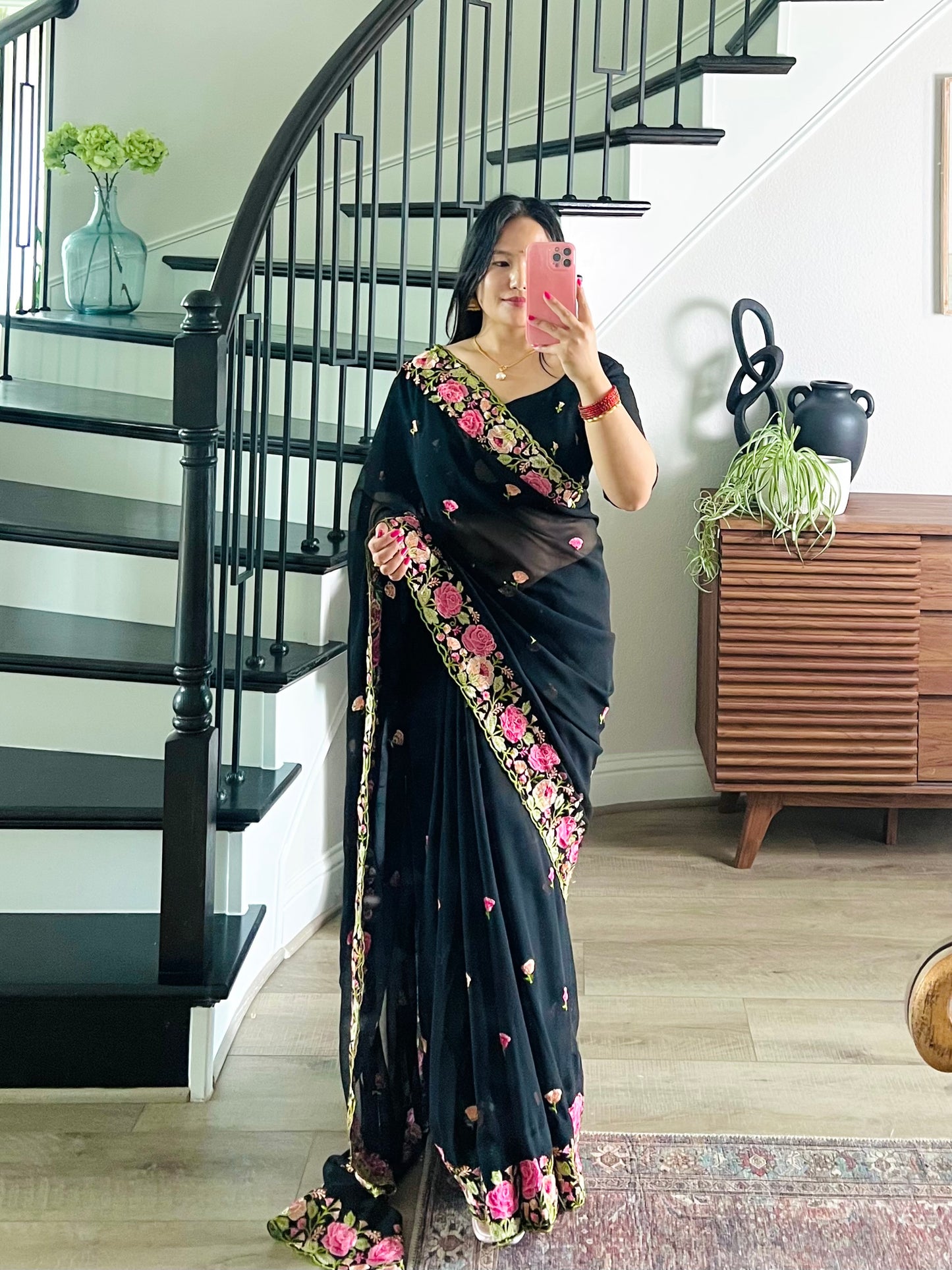 Midnight Bloom: Black Georgette Saree with Pink Floral Embroidery