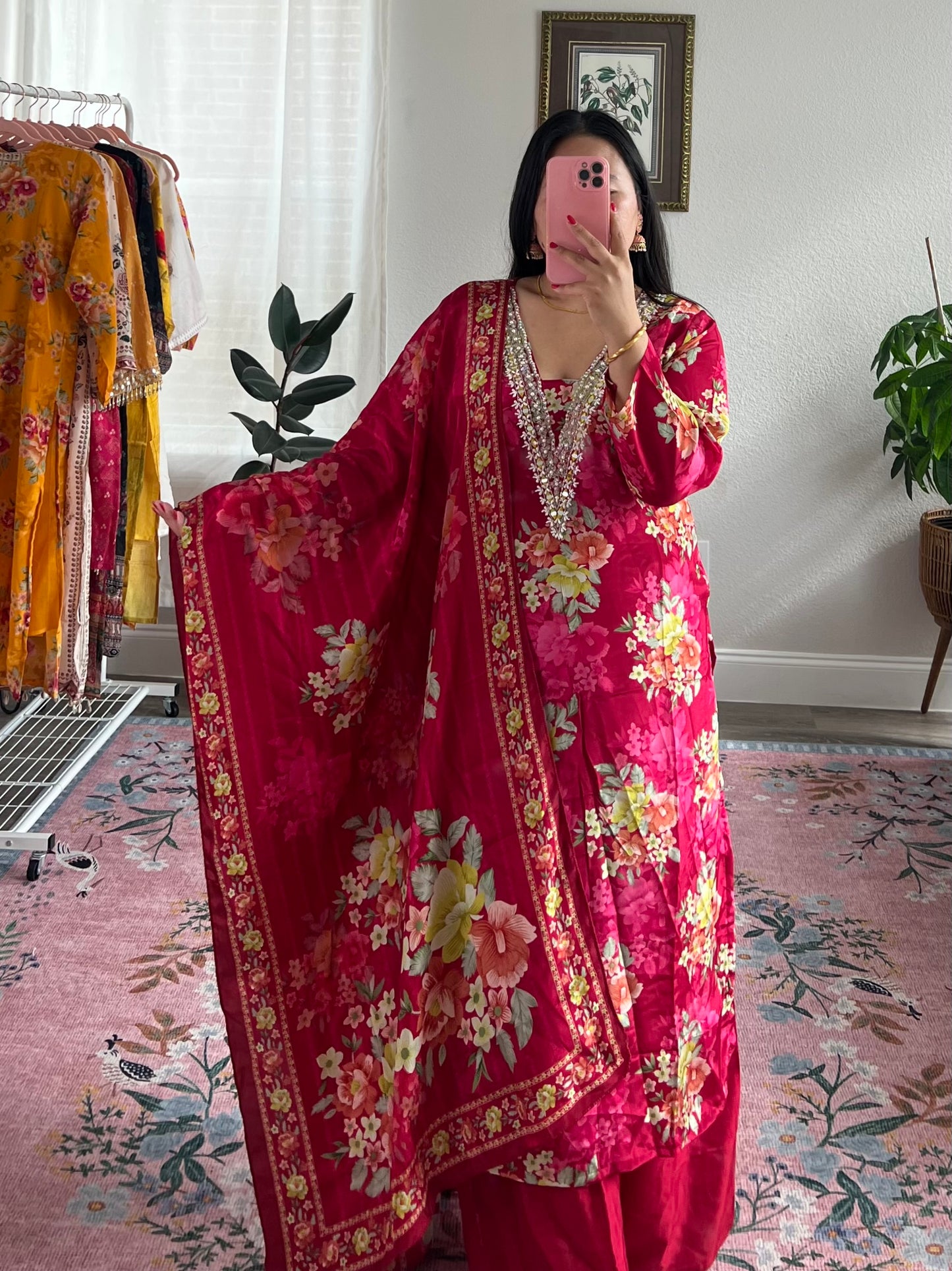 Floral Silk Kurtha Set with Embellished Neckline