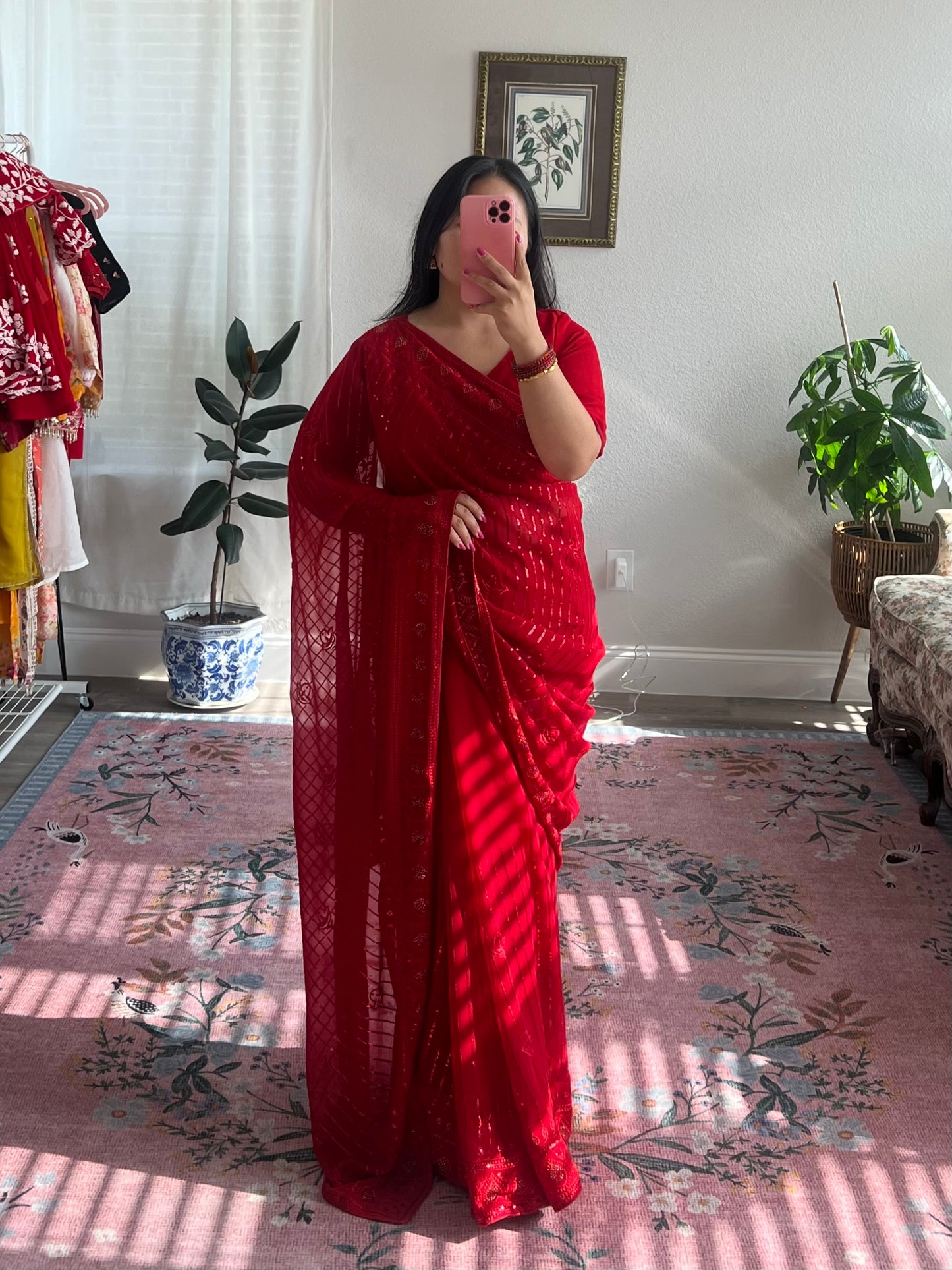 Designer Red Saree and Blouse with threadwork and stone
