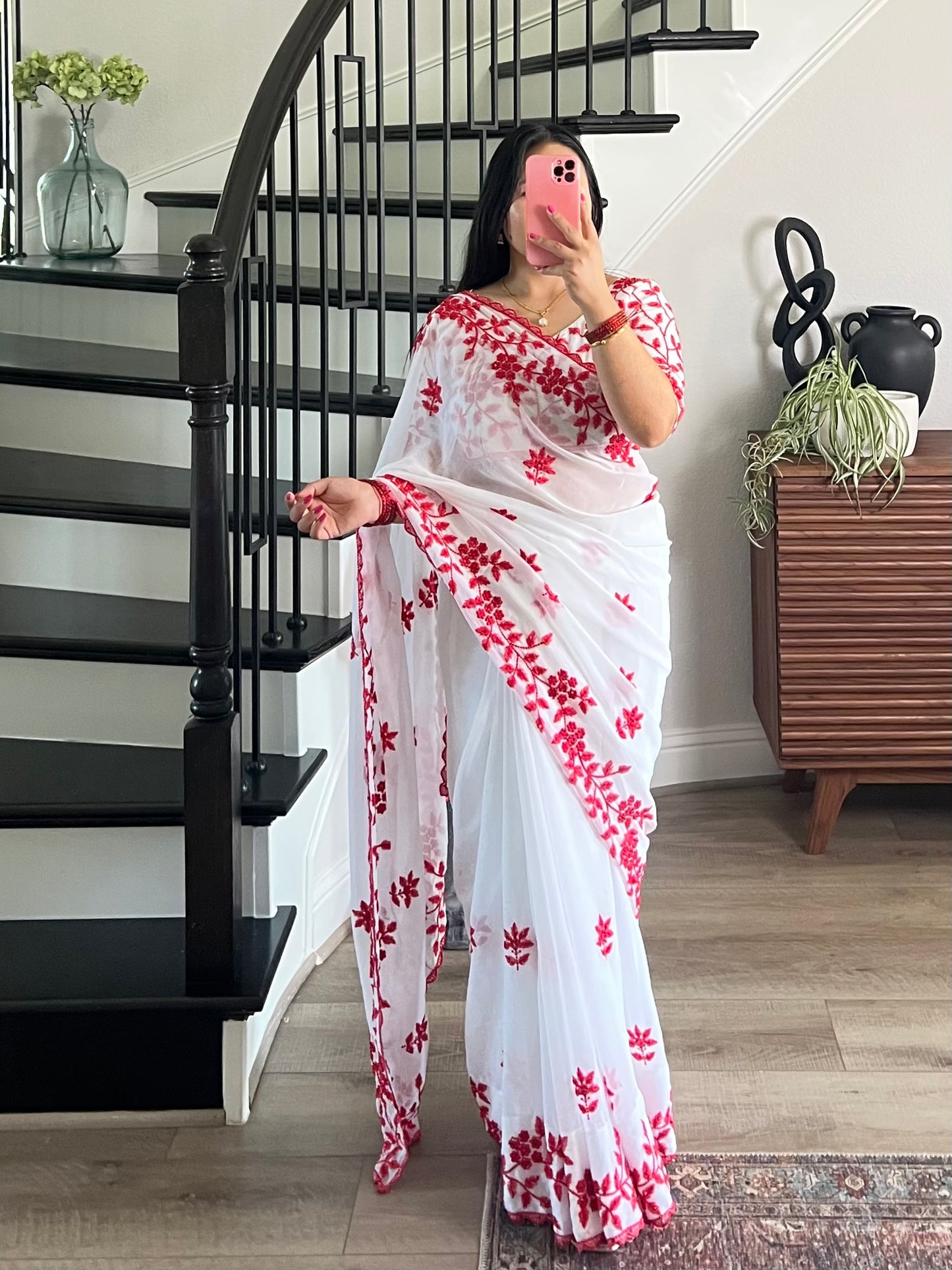 White and red Georgette Saree and Blouse with Intricate White Embroidery