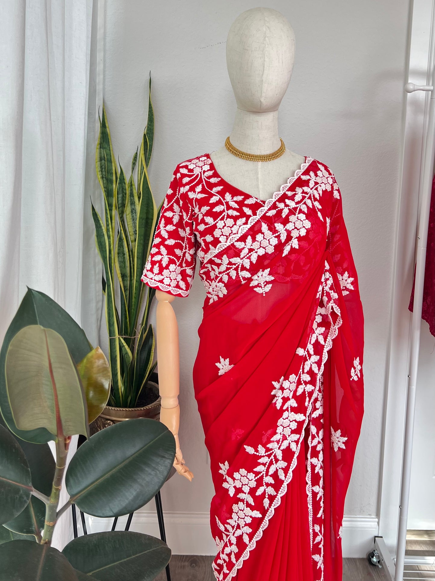 Designer Georgette Saree and Blouse with Intricate White Embroidery