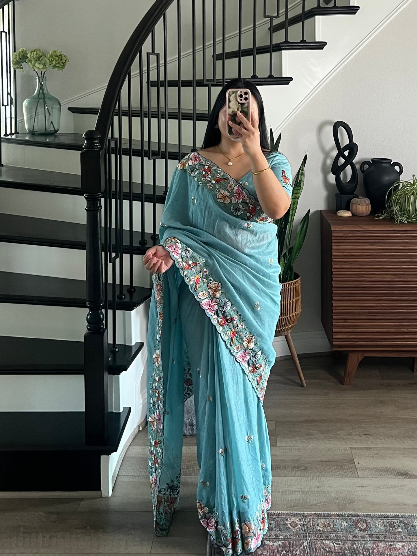 Blue sari with embroidery border
