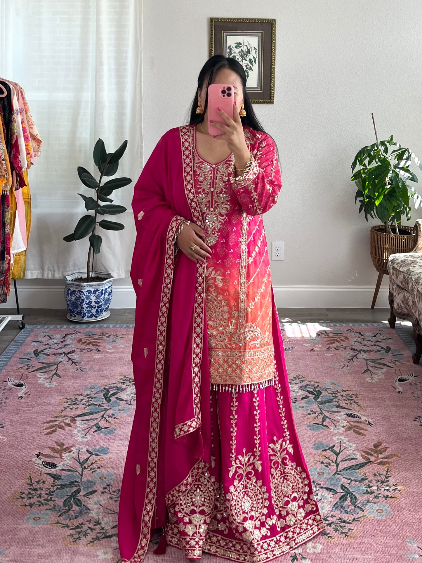 Heavy Chinon Kurtha set with embroidery work