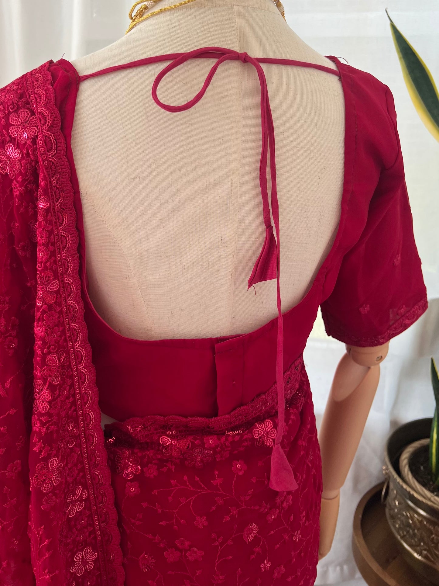 Rani pink Saree and Blouse with threadwork