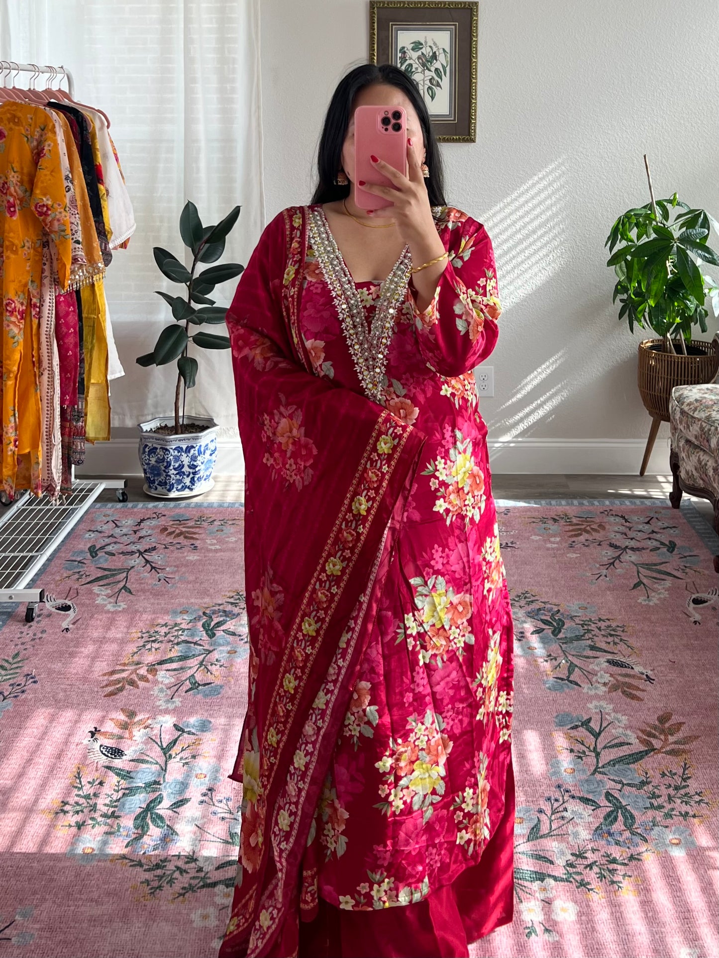 Floral Silk Kurtha Set with Embellished Neckline