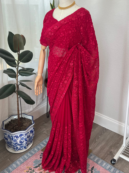 Rani pink Saree and Blouse with threadwork