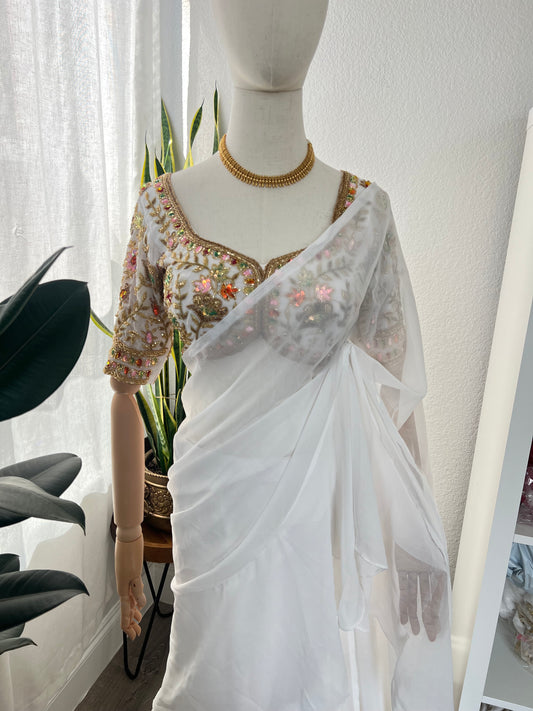 White Boutique work ruffle skirt saree and blouse set