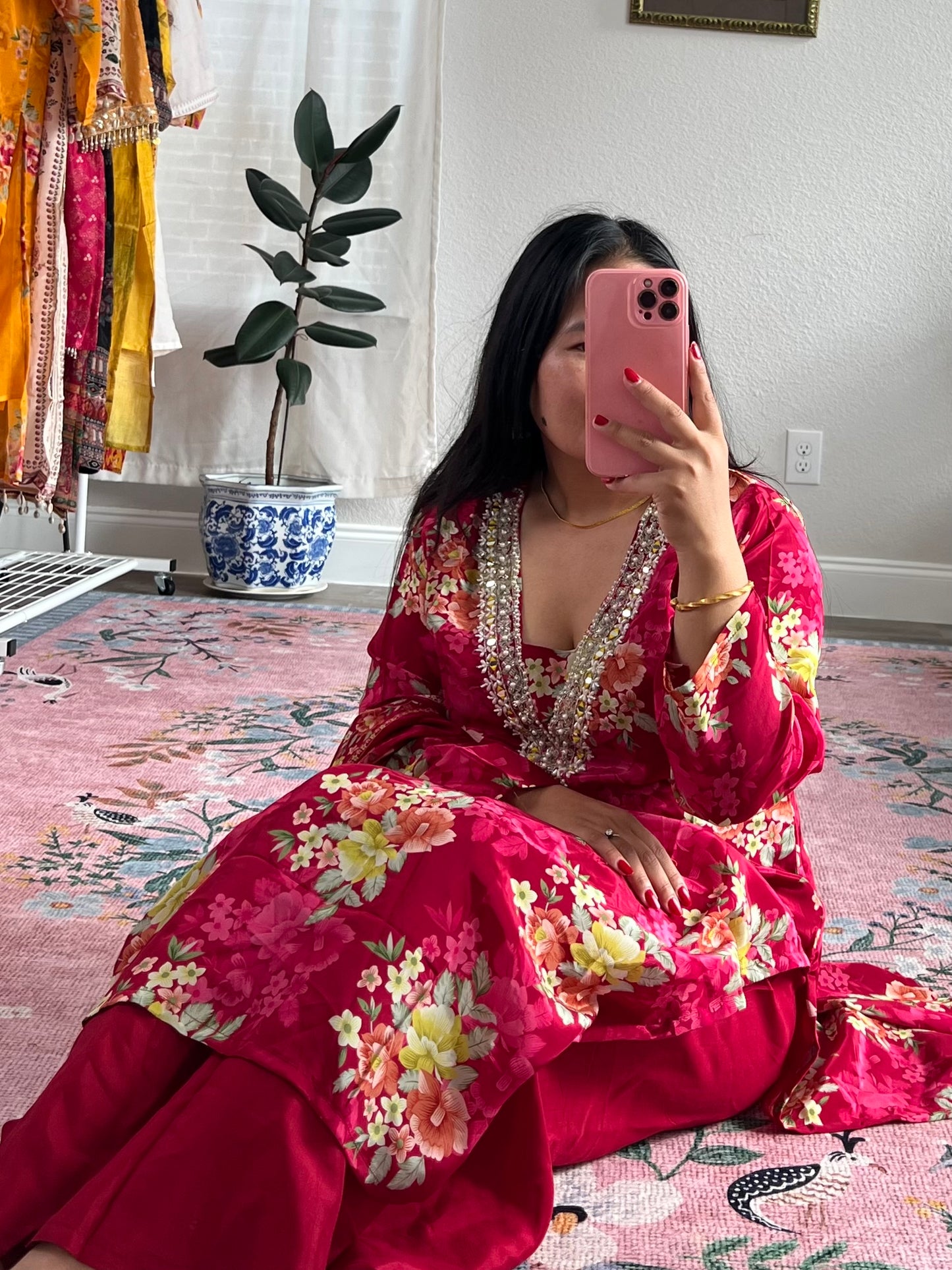 Floral Silk Kurtha Set with Embellished Neckline