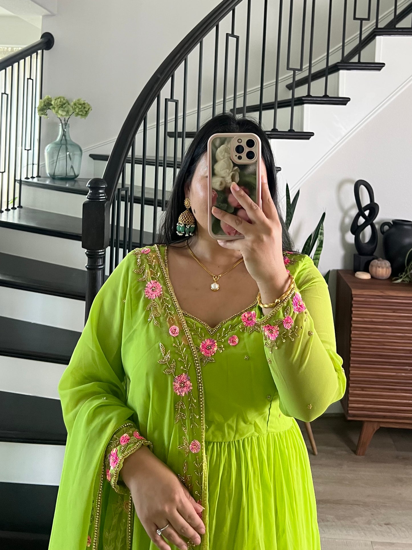 Handwork 4 step gown/anarkali in parrot green