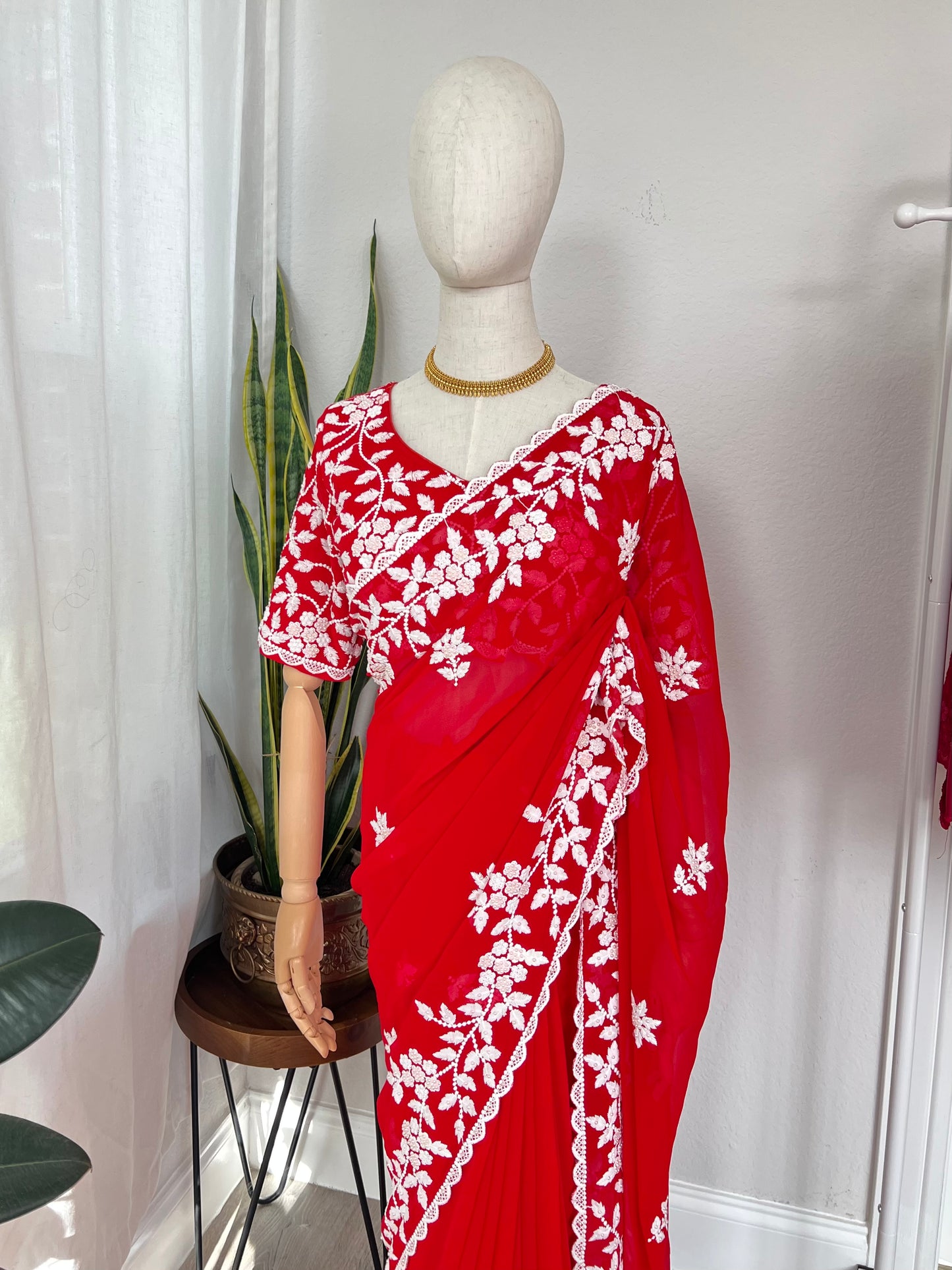 Designer Georgette Saree and Blouse with Intricate White Embroidery