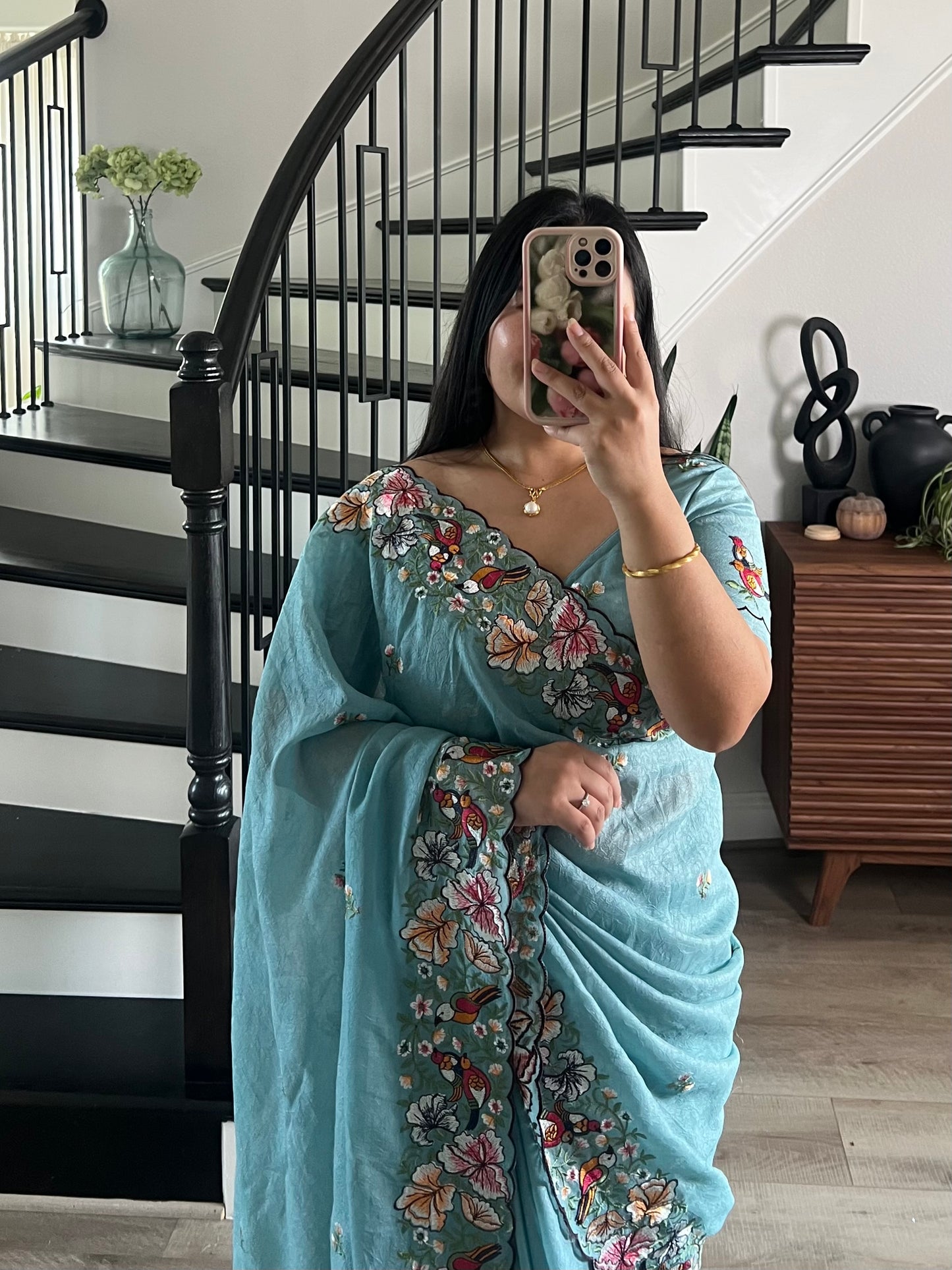 Blue sari with embroidery border