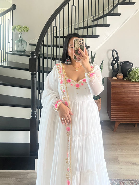 Handwork 4 step gown/anarkali in white
