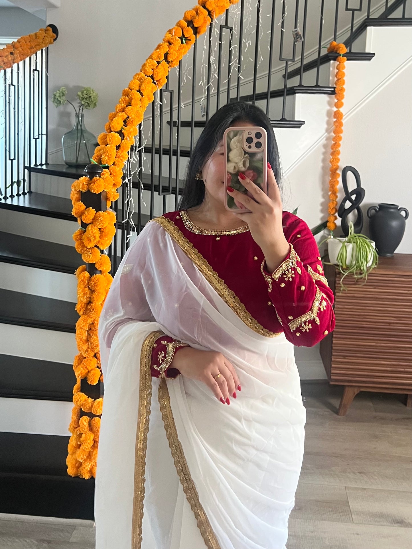 Boutique work white sari with rani pink blouse