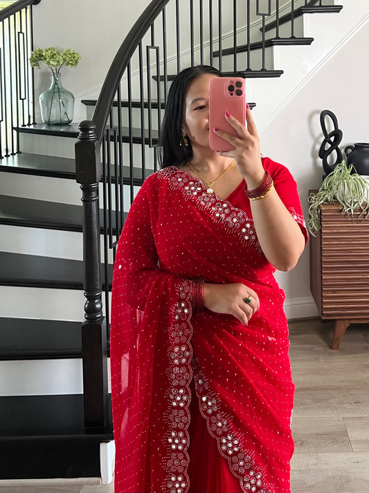 Heavy Swiroski work Red Saree and Blouse