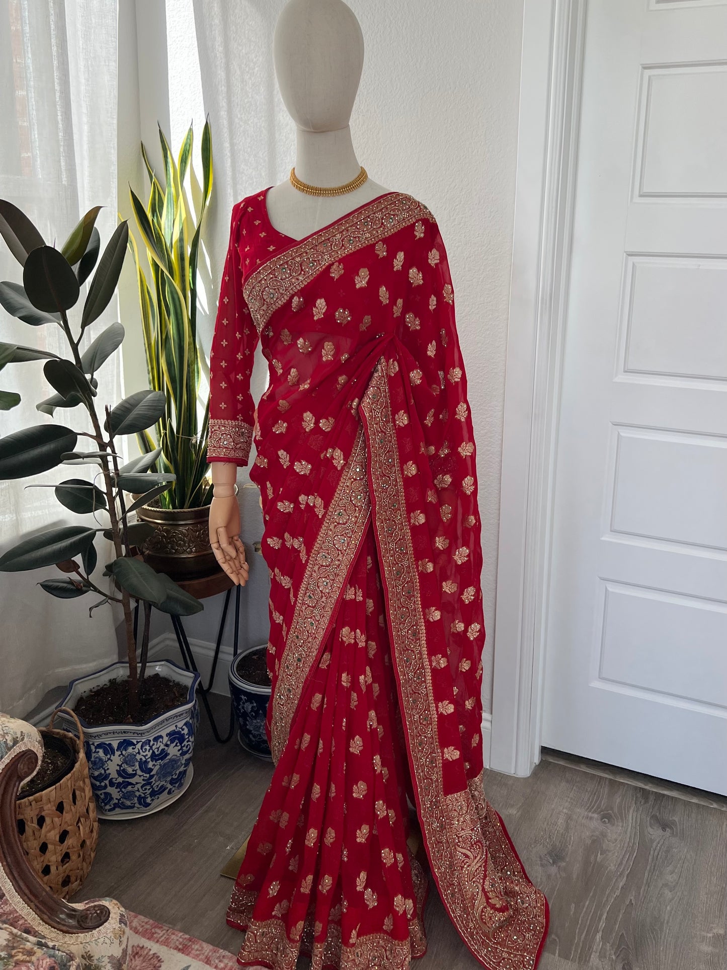 Red georgette khaddi saree